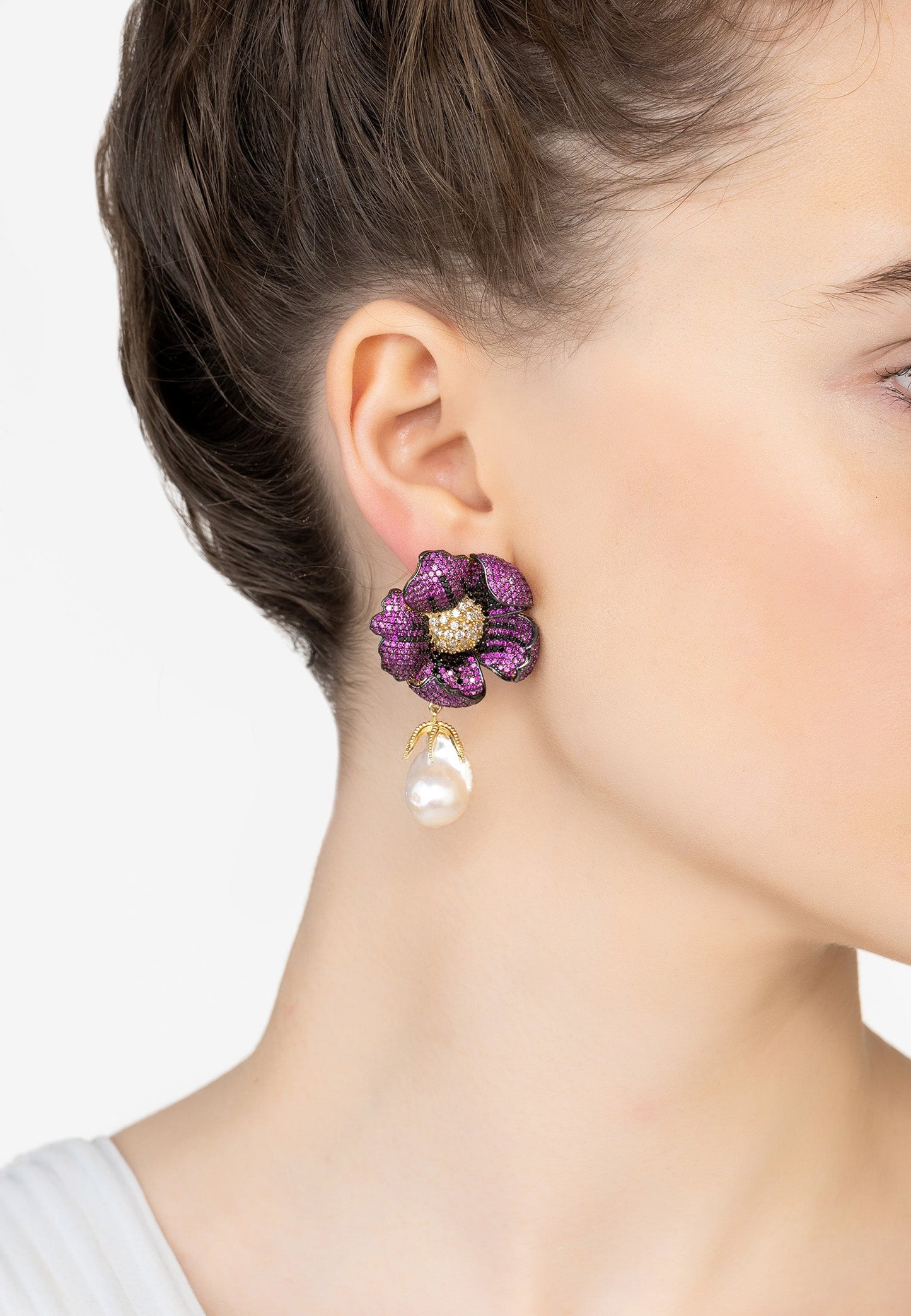 Poppy flower baroque pearl earrings ruby red gold