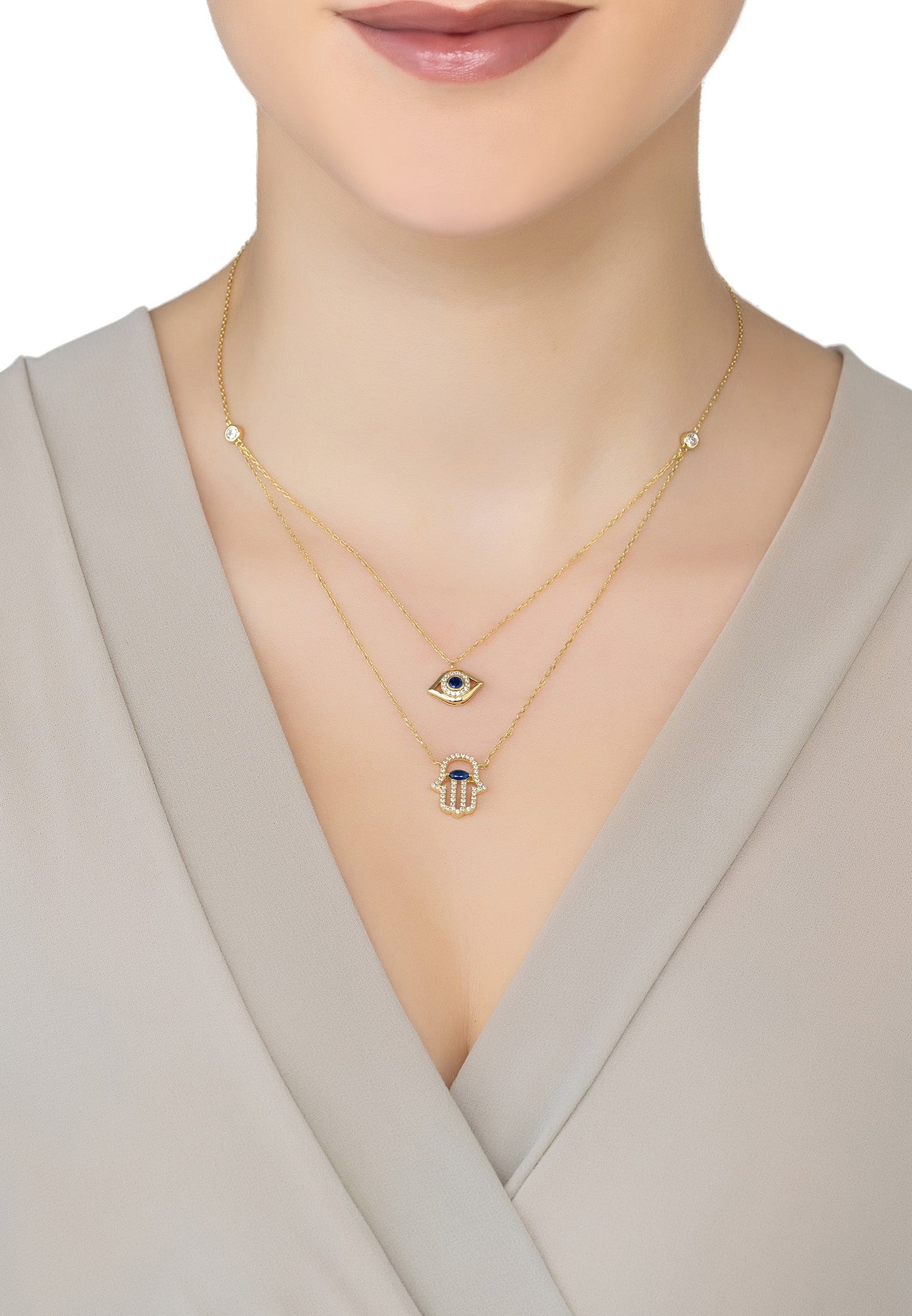 Hamsa Hand and Evil Eye Layered Necklace Dipped in Gold - Accessory101