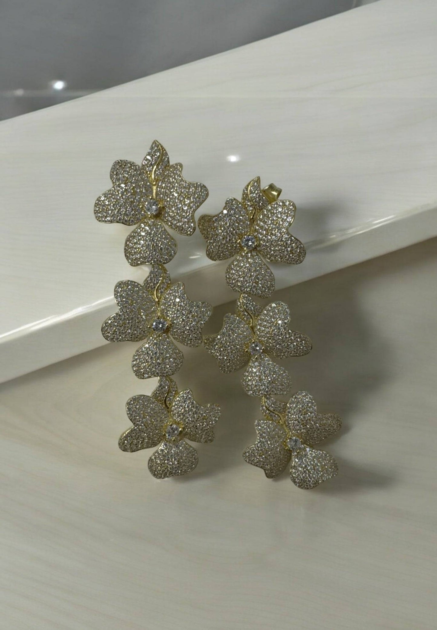 Jasmine flower triple drop earrings gold
