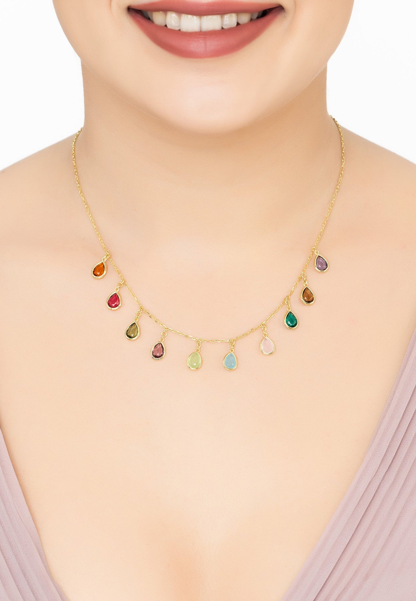 Florence Teardrop Necklace Dipped in Gold with Multi-Colored Gemstones - Accessory101