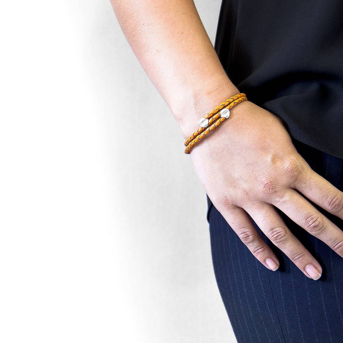 Fire orange conway braided leather and silver bracelet