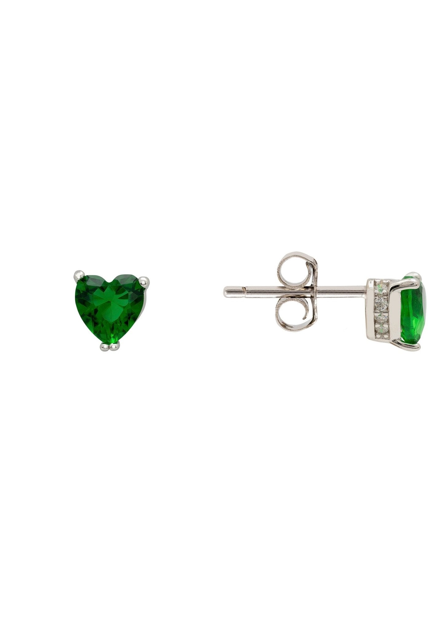 Asscher cut heart stud earrings silver emerald