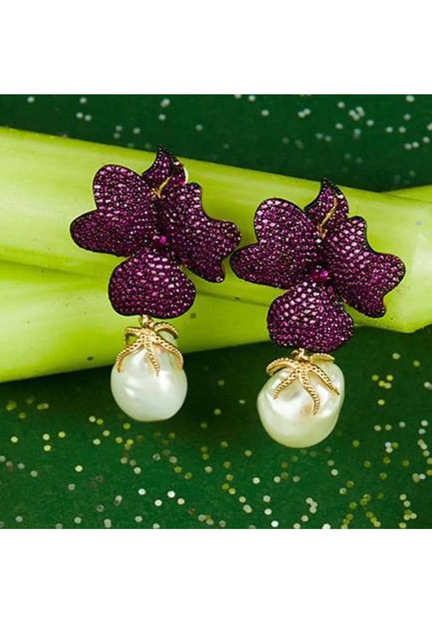 Baroque pearl ruby red flower earrings rose gold