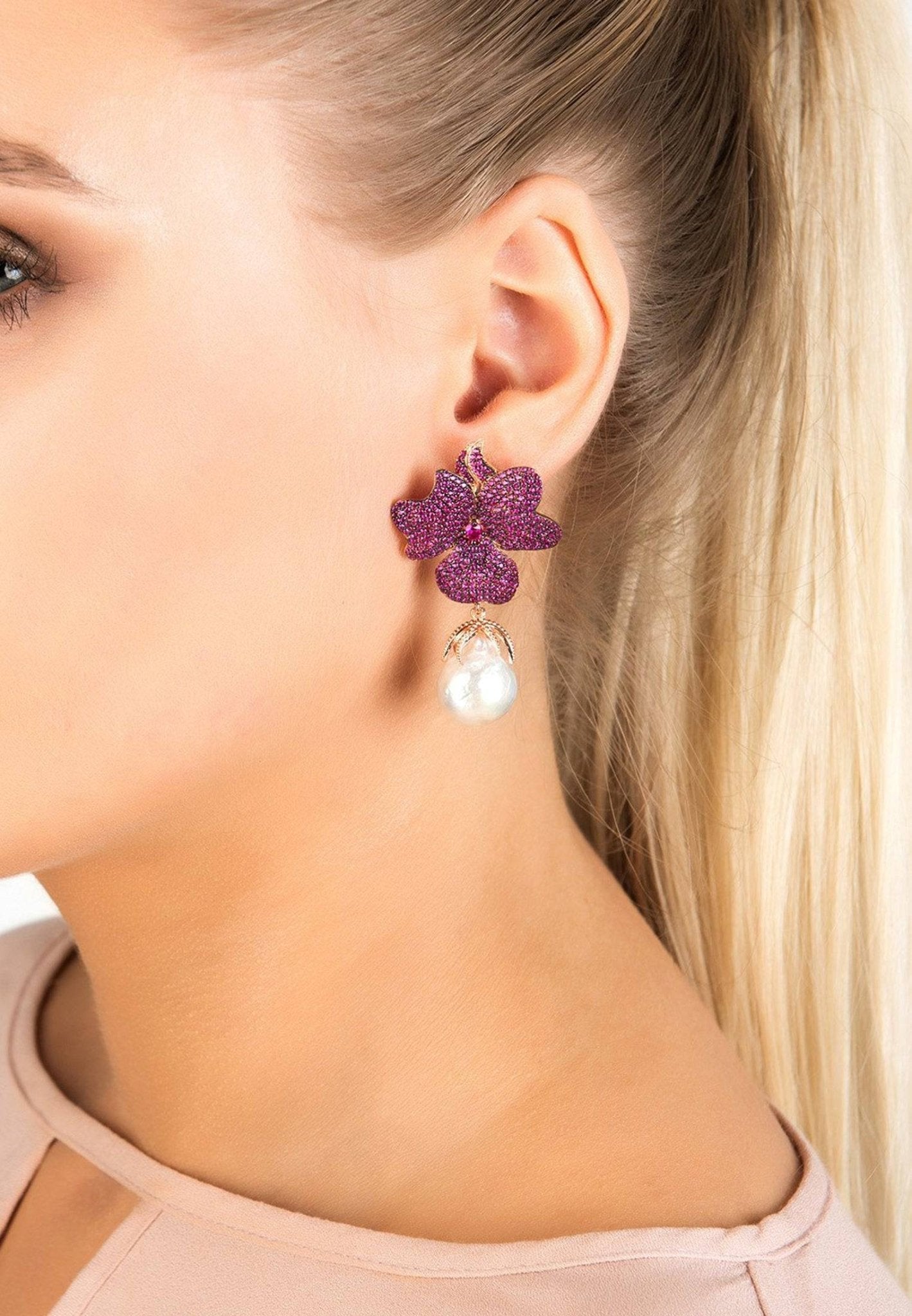 Baroque pearl ruby red flower earrings rose gold