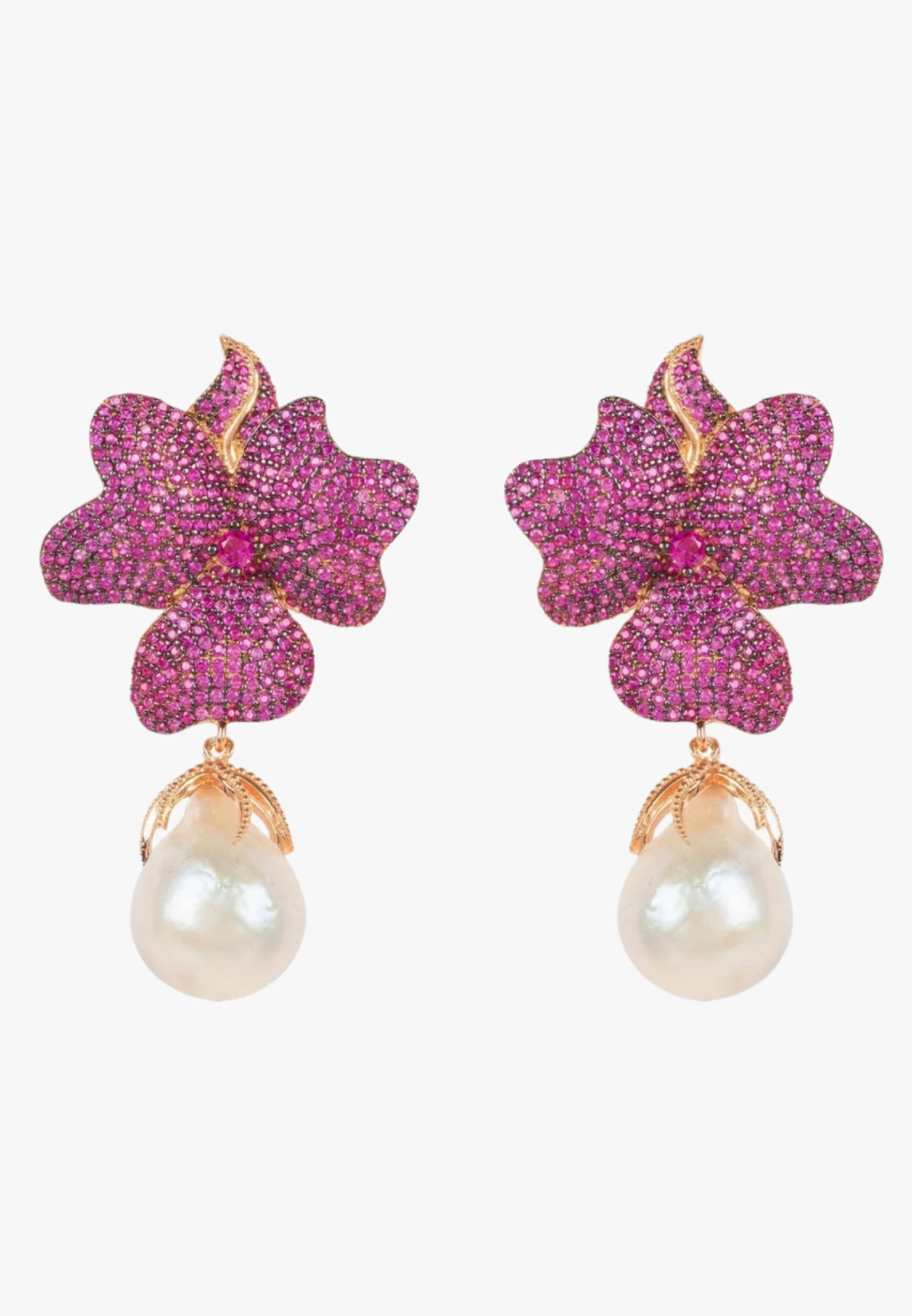 Baroque pearl ruby red flower earrings rose gold