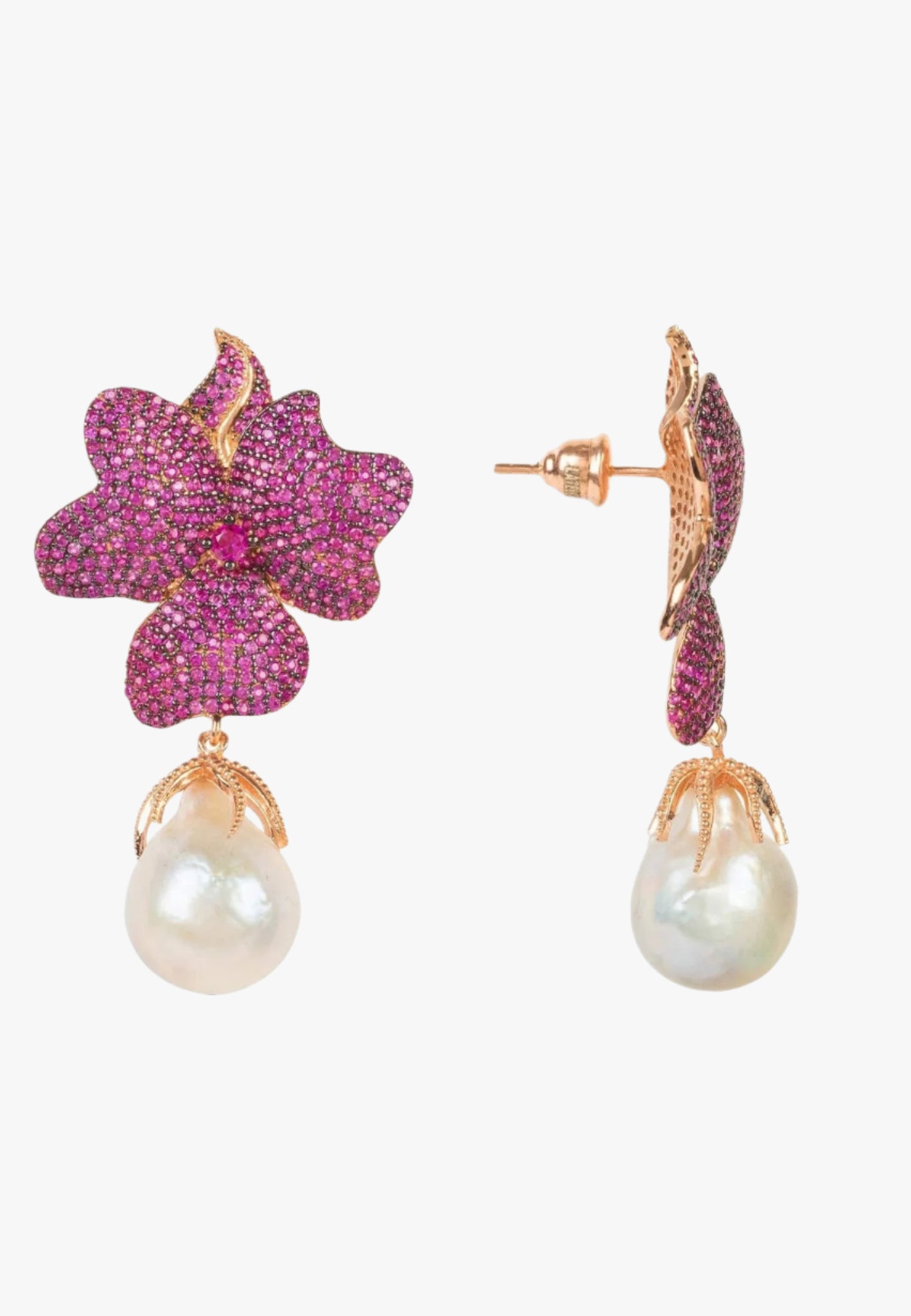 Baroque pearl ruby red flower earrings rose gold