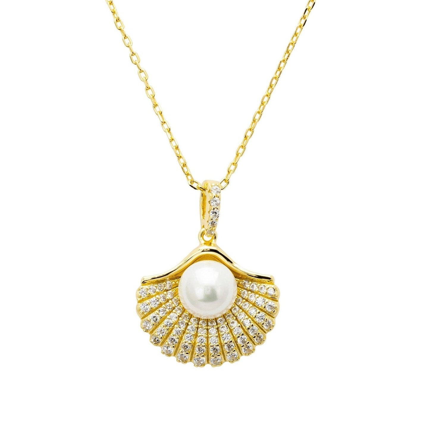 Deco Fan and Pearl Pendant Necklace Dipped in Gold - Accessory101