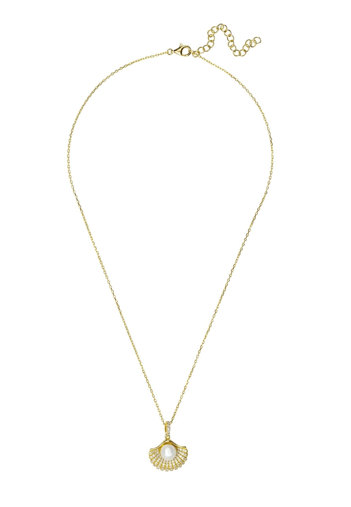 Deco Fan and Pearl Pendant Necklace Dipped in Gold - Accessory101