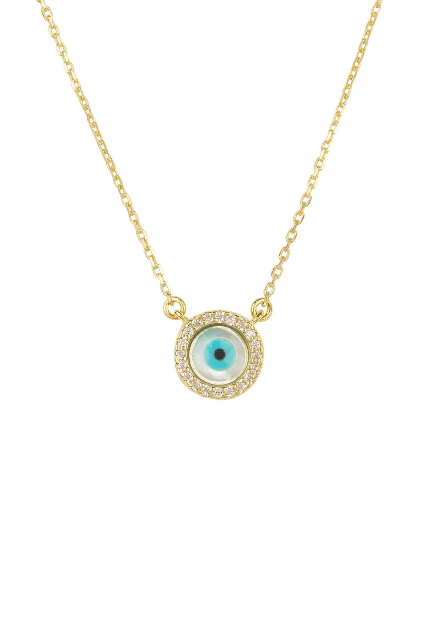 A gold-colored necklace with a central mother of pearl evil eye design, surrounded by white zircons, on a white background.
