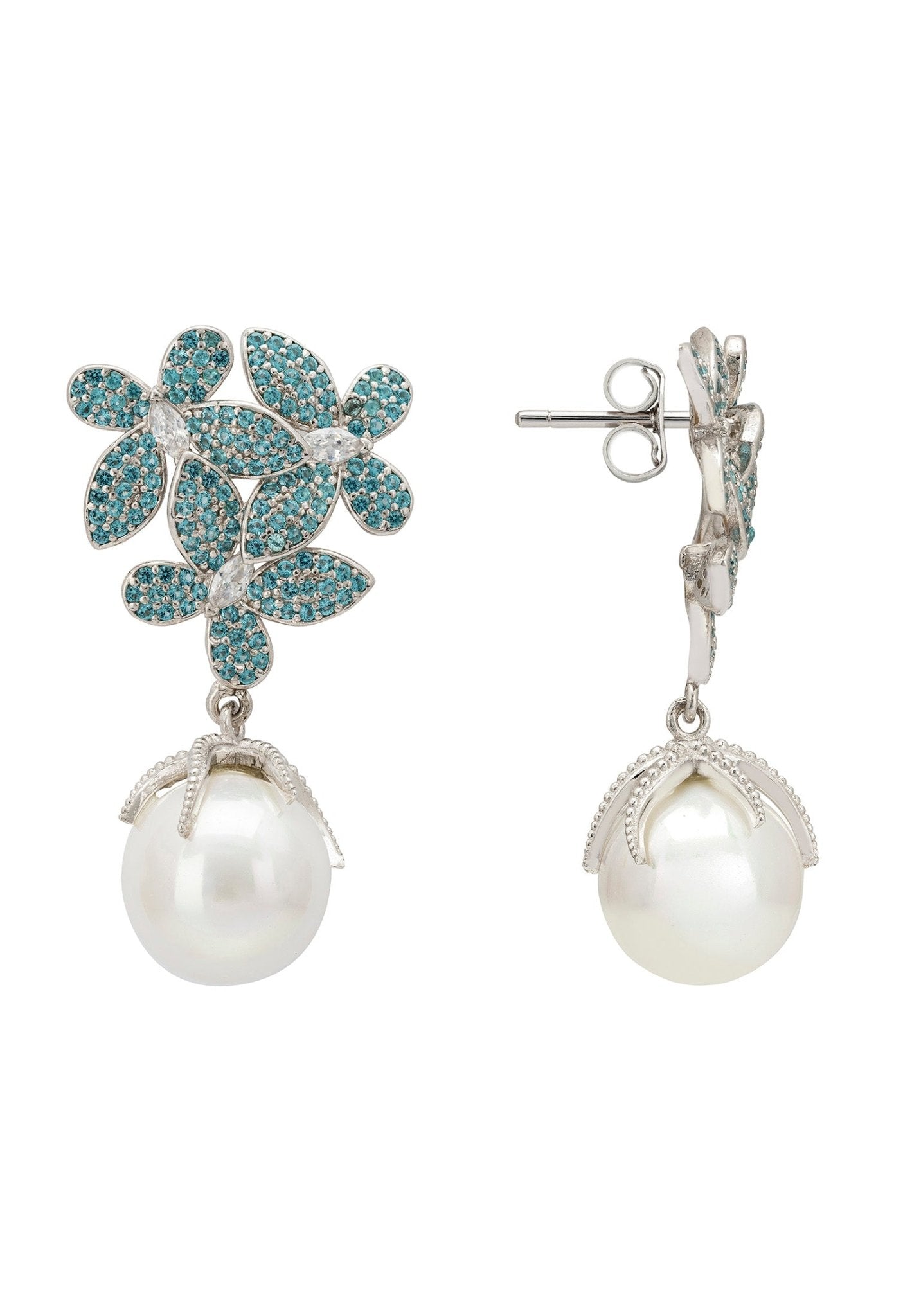 Flowers Pearl Earrings in Aqua Blue Silver - Accessory101