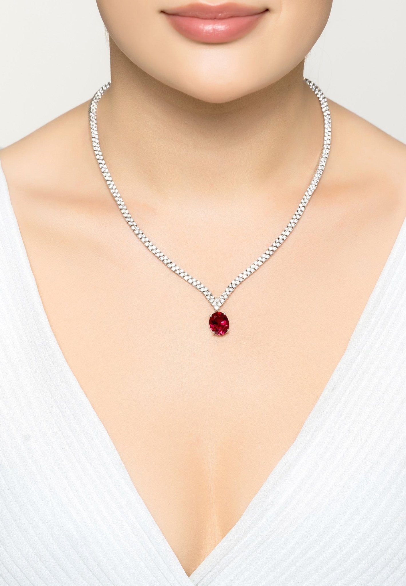 Garbo Oval Gemstone Tennis Necklace in Silver with Ruby - Accessory101