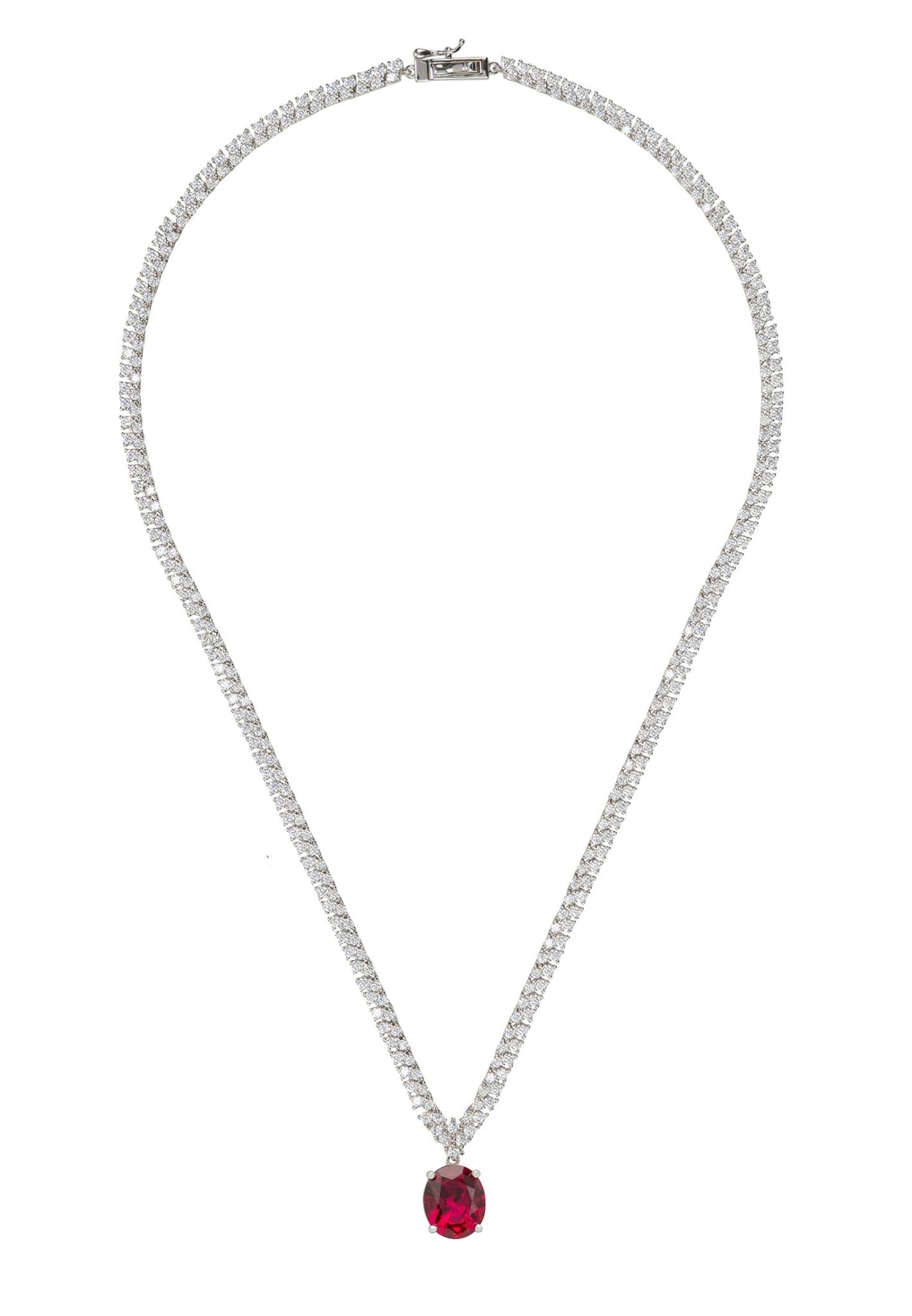 Garbo Oval Gemstone Tennis Necklace in Silver with Ruby - Accessory101