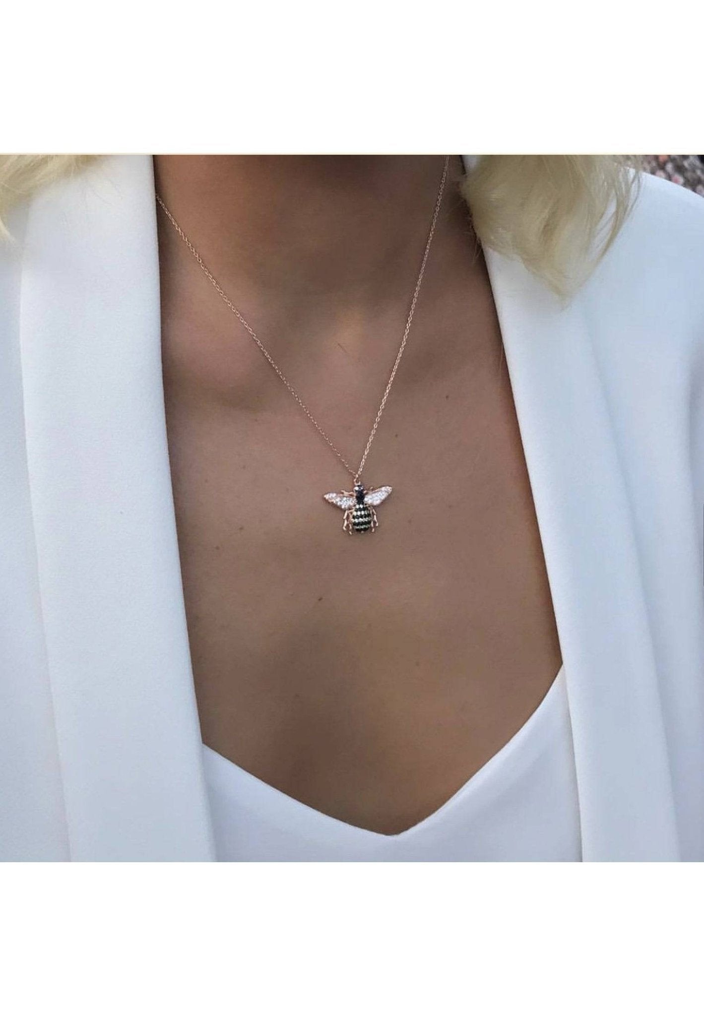 Honey Bee Pendant Necklace Dipped in Rose Gold Zircon - Accessory101