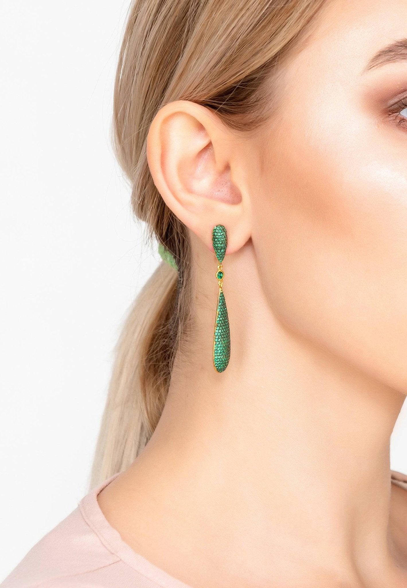 Coco Long Drop Earrings in Emerald Green Gold - Accessory101