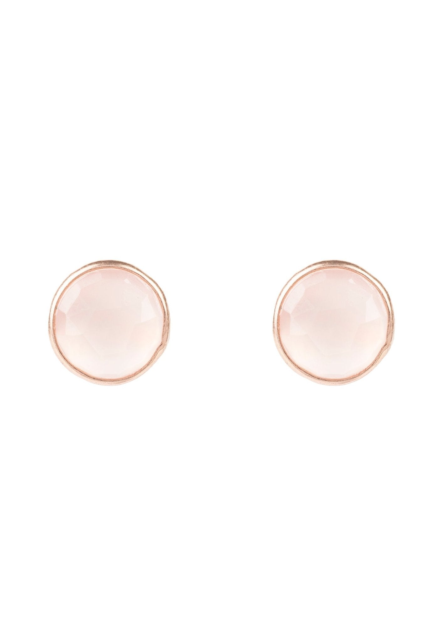 A pair of medium circle rosegold quartz earrings with a white background.