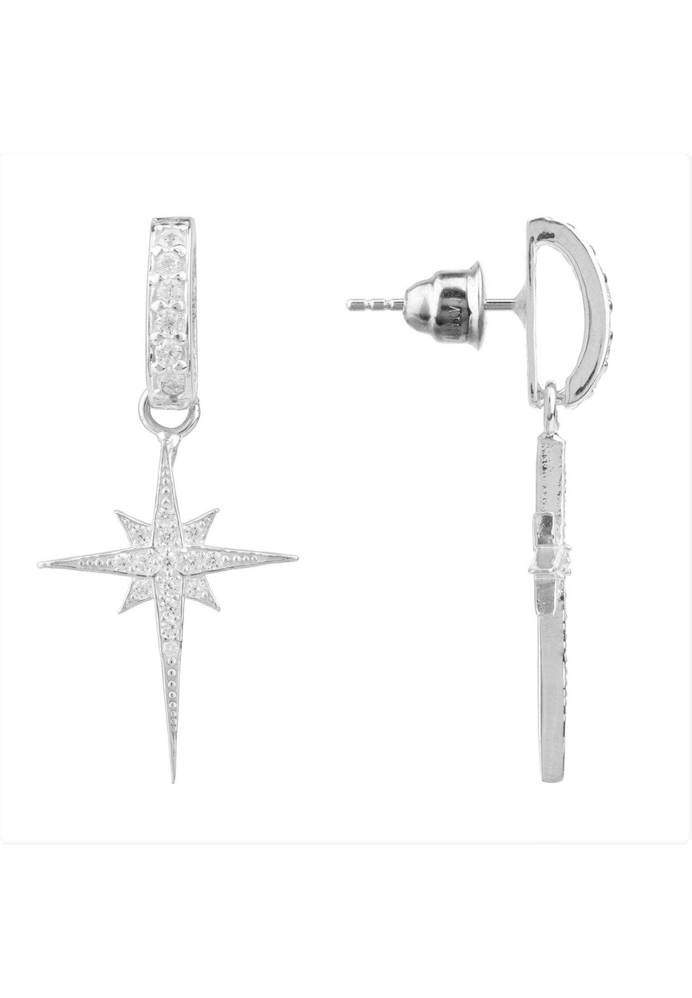 North star burst small drop earrings silver