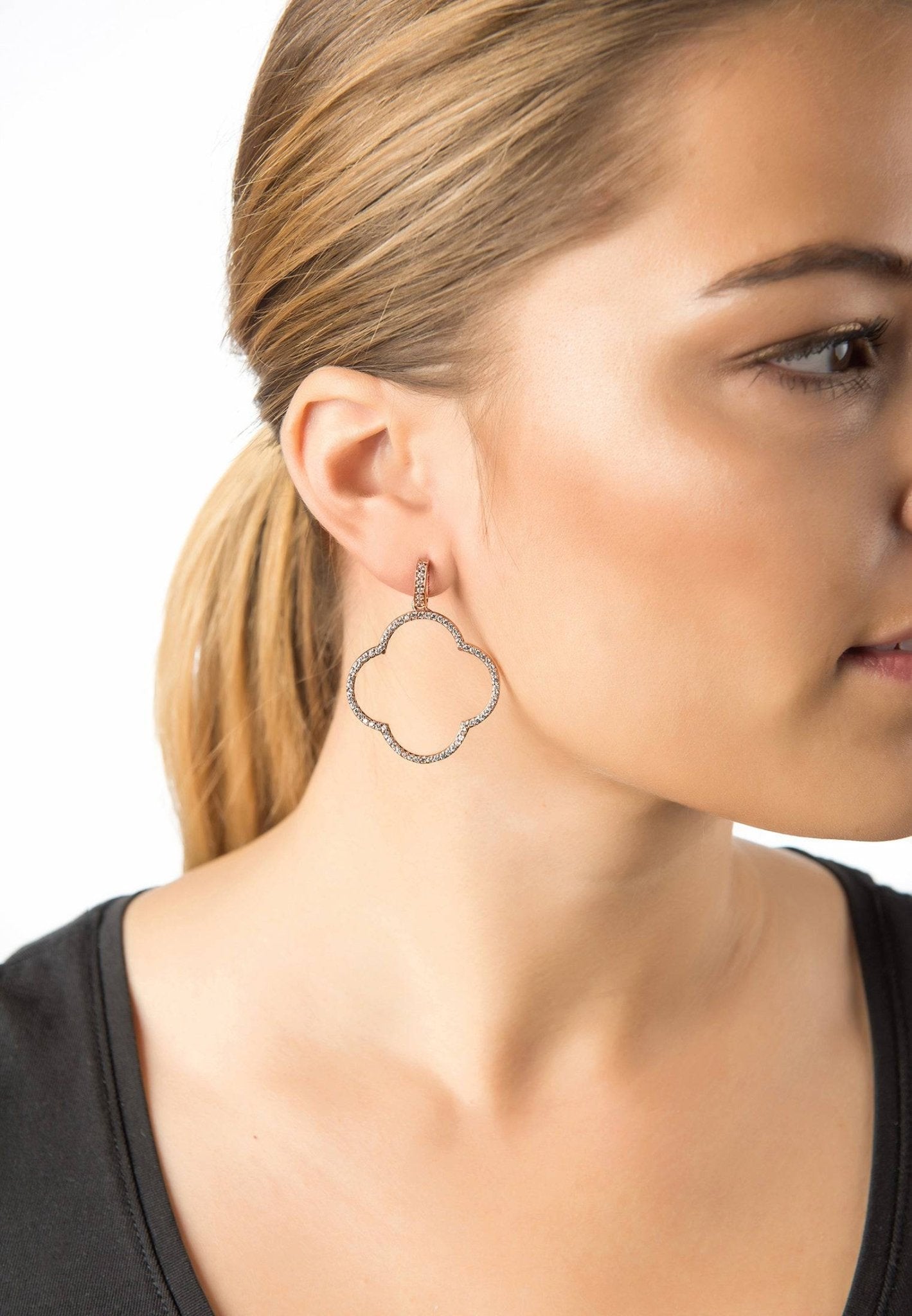 Open clover large drop earrings with cz