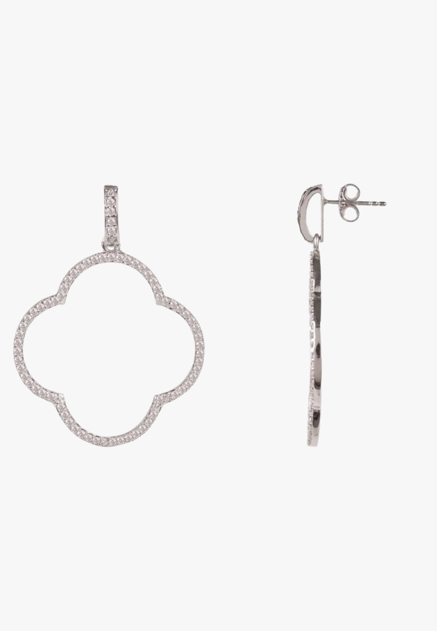 Open clover large drop earrings white cz silver