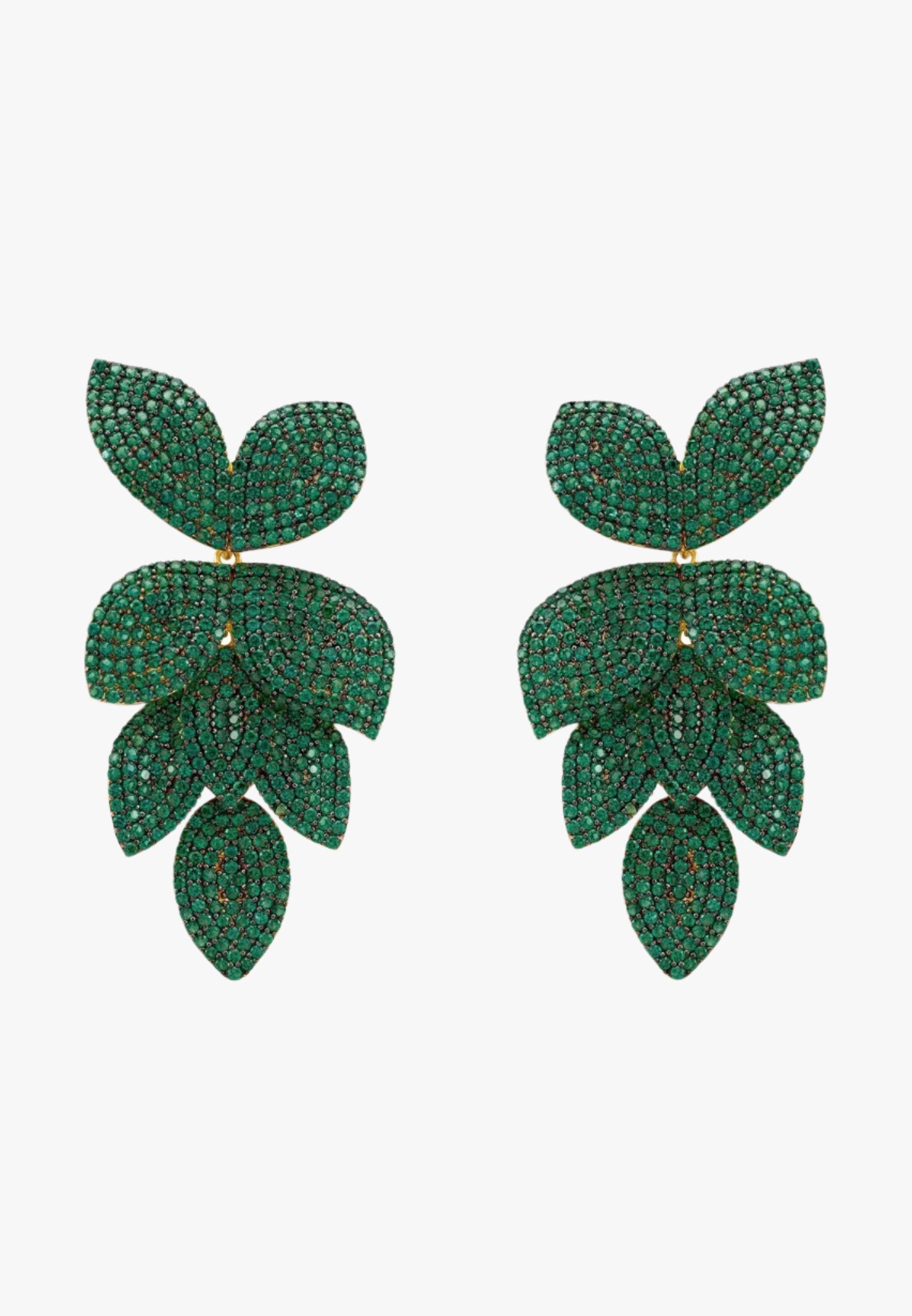 Petal cascading flower earrings gold emerald