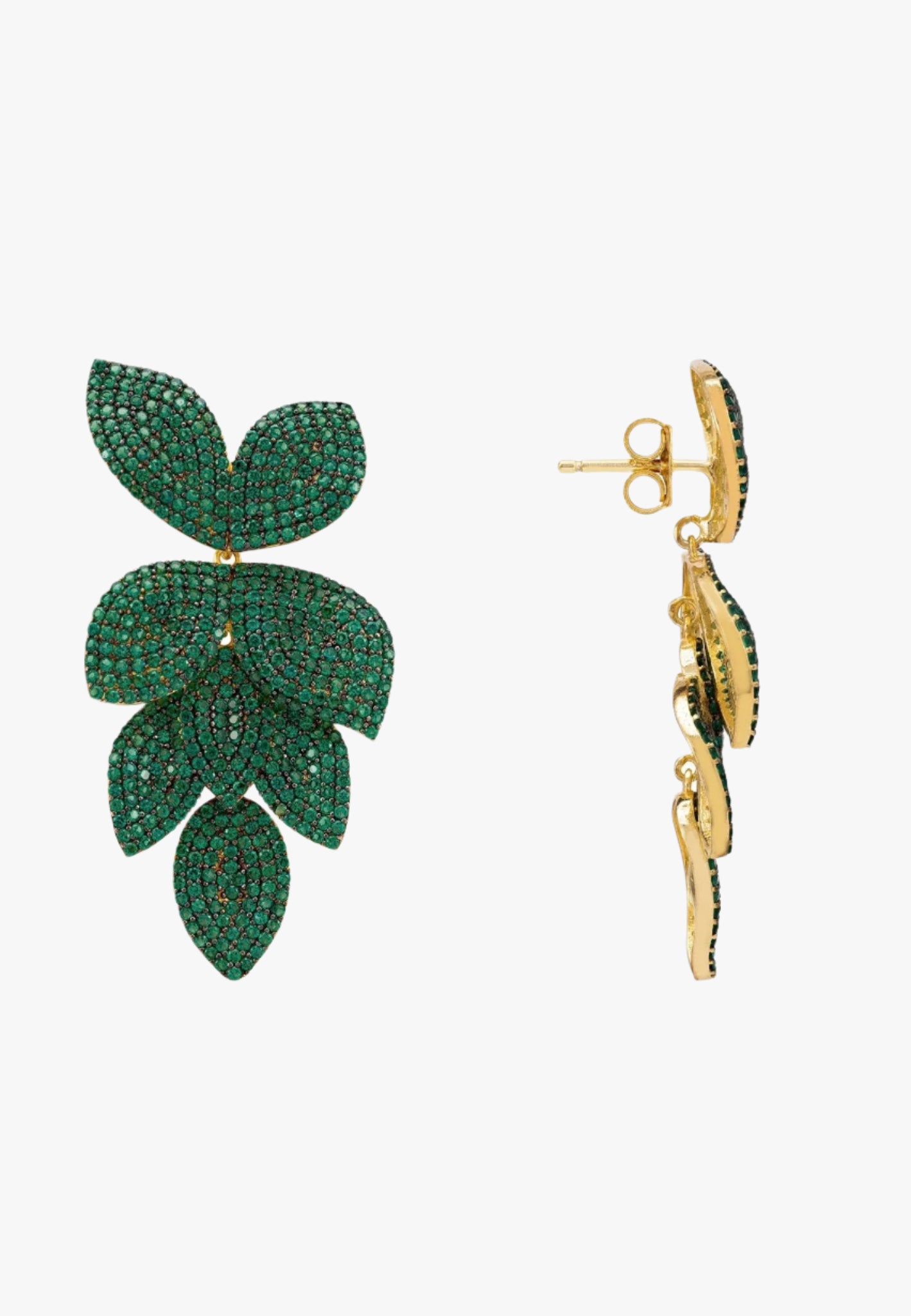 Petal cascading flower earrings gold emerald
