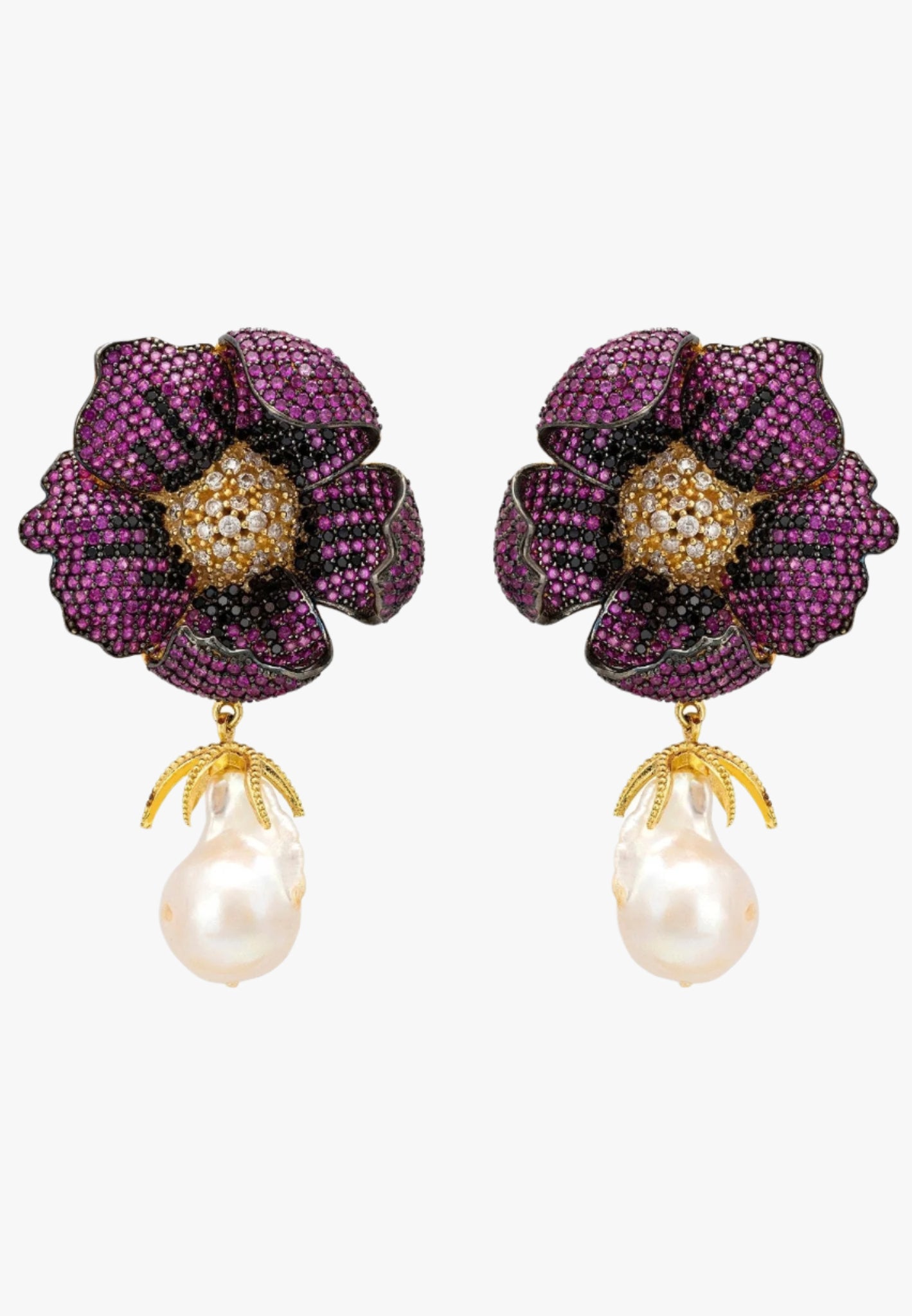 Poppy flower baroque pearl earrings ruby red gold