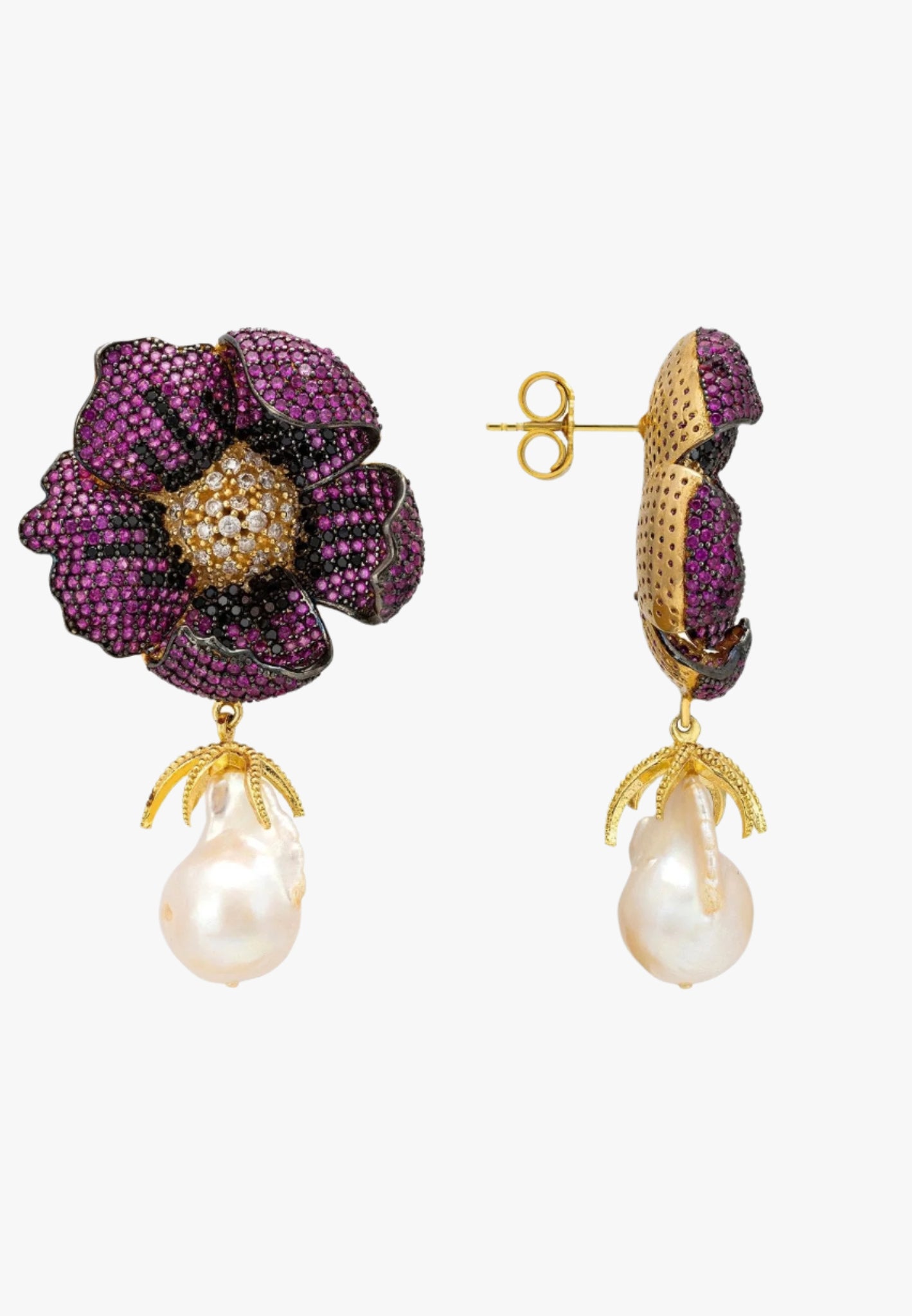 Poppy flower baroque pearl earrings ruby red gold