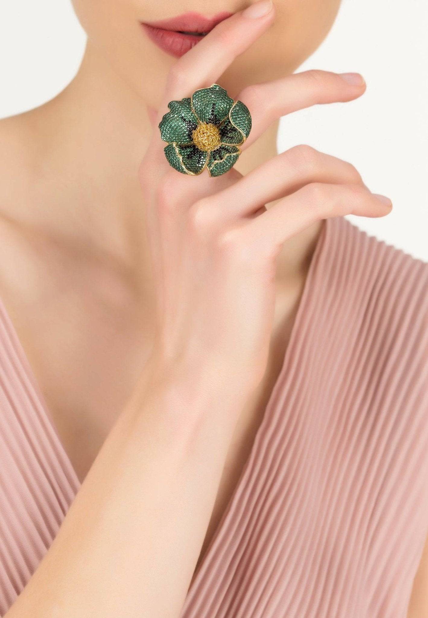 Poppy flower green ring gold