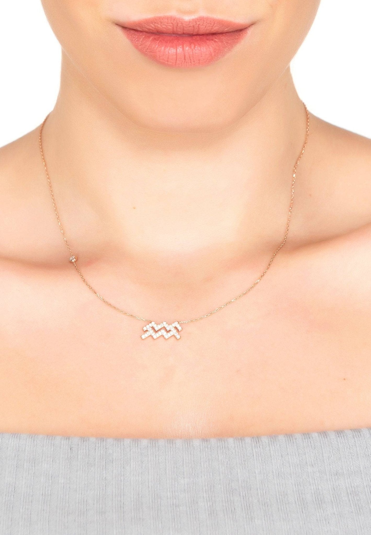 Aquarius Zodiac Necklace Dipped in Rose Gold with White Zircons - Accessory101