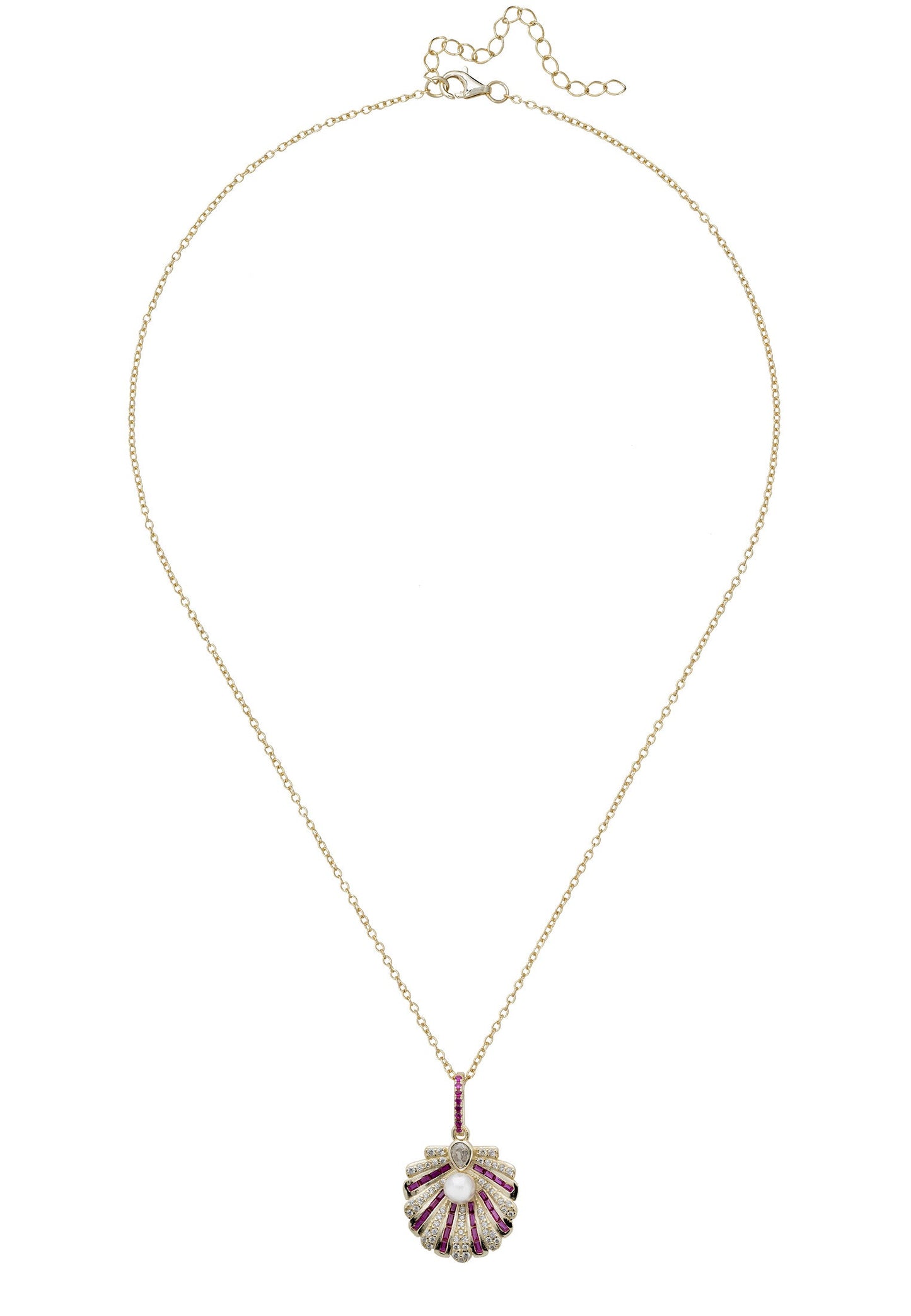 Art Deco Scallop Shell Necklace Dipped in Gold with Ruby and Pearl - Accessory101