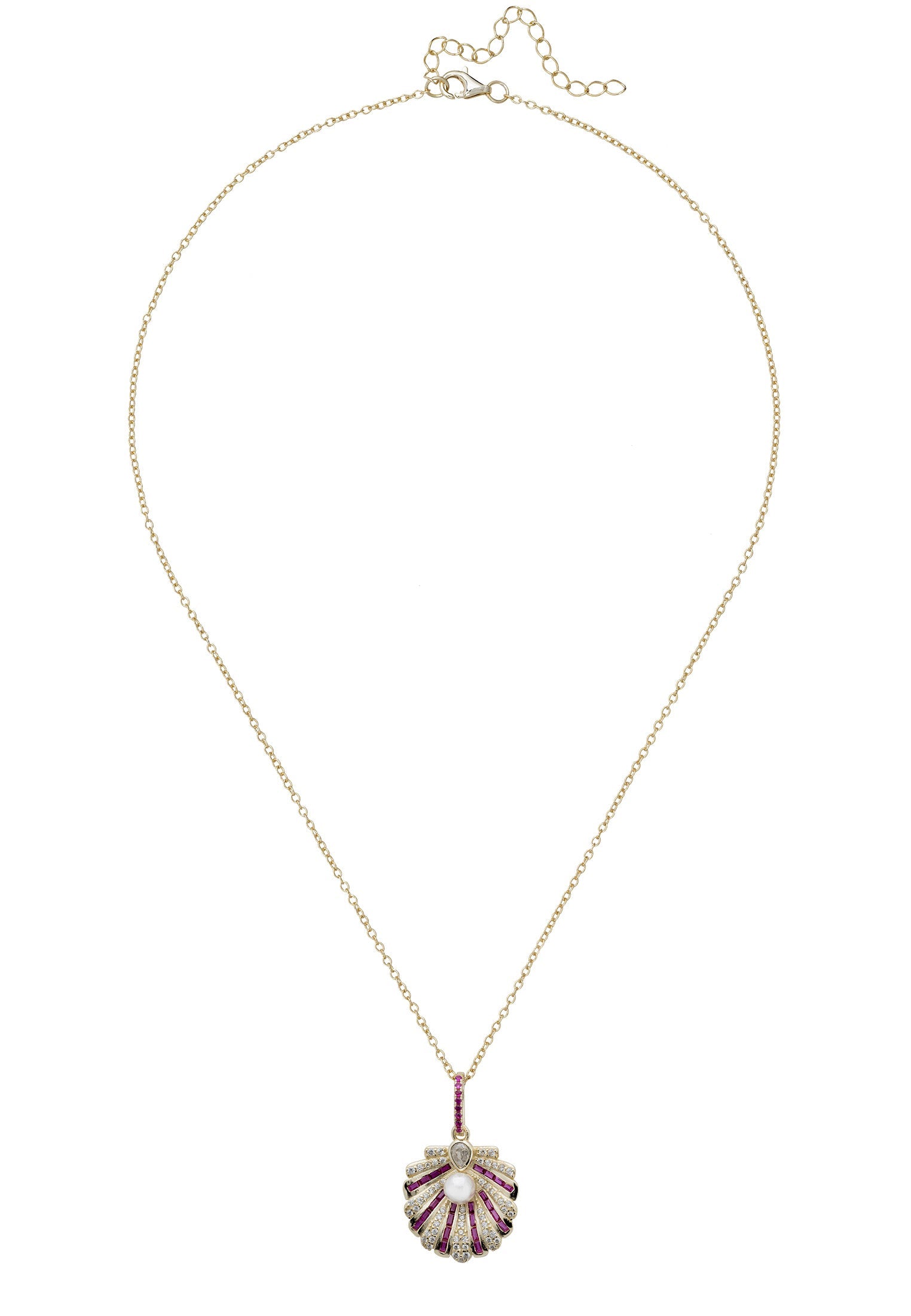 Art Deco Scallop Shell Necklace Dipped in Gold with Ruby and Pearl - Accessory101
