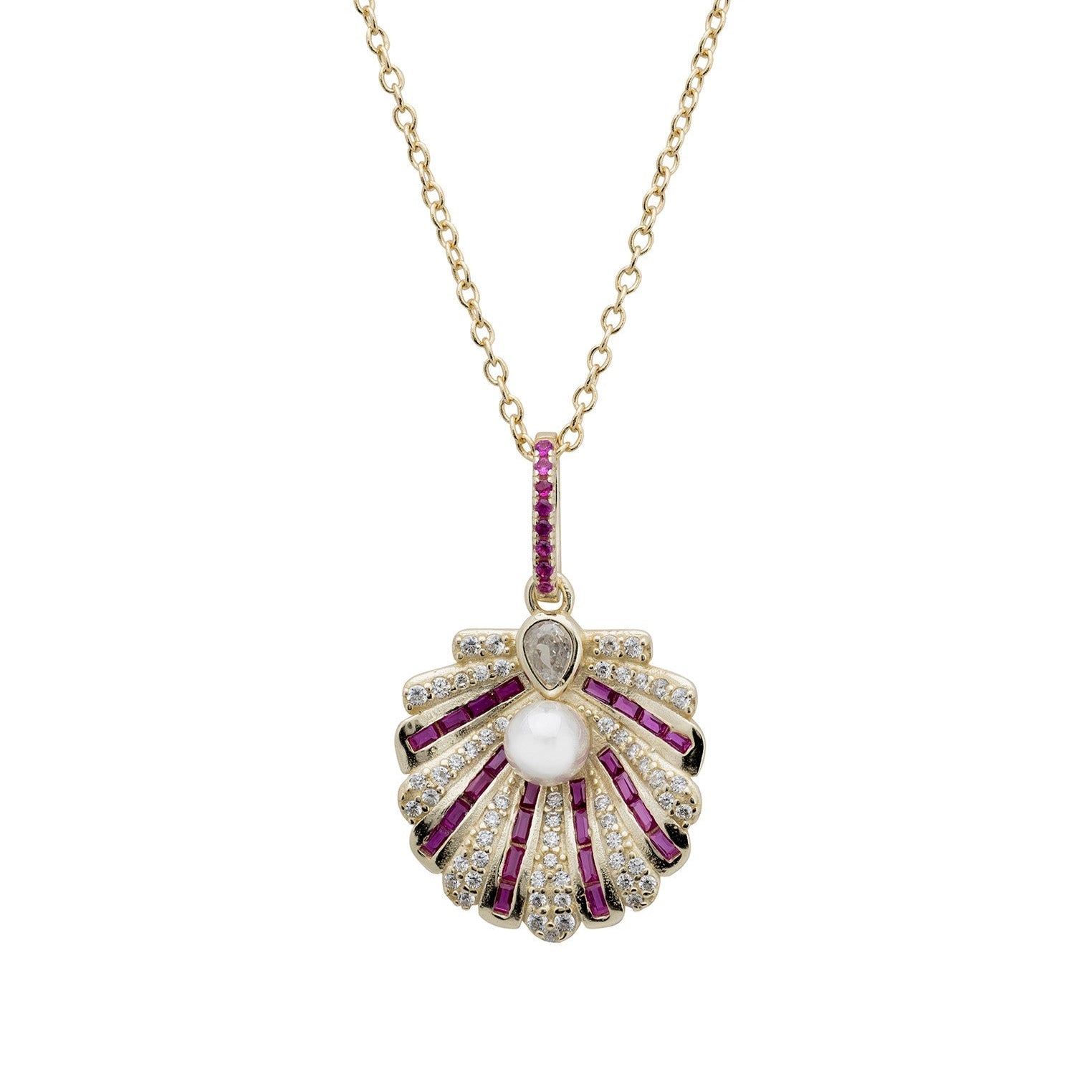 Art Deco Scallop Shell Necklace Dipped in Gold with Ruby and Pearl - Accessory101