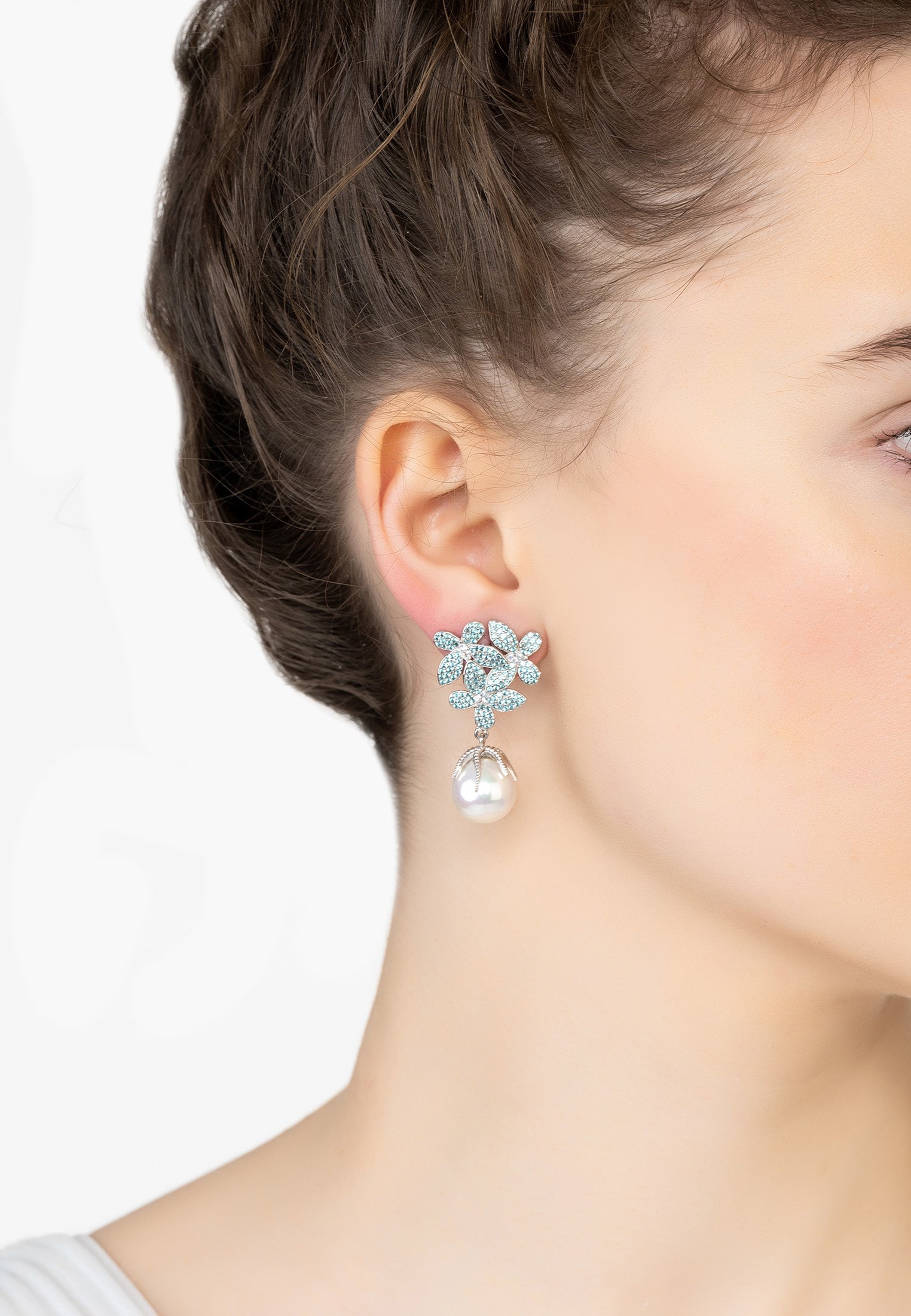 Flowers Pearl Earrings in Aqua Blue Silver - Accessory101