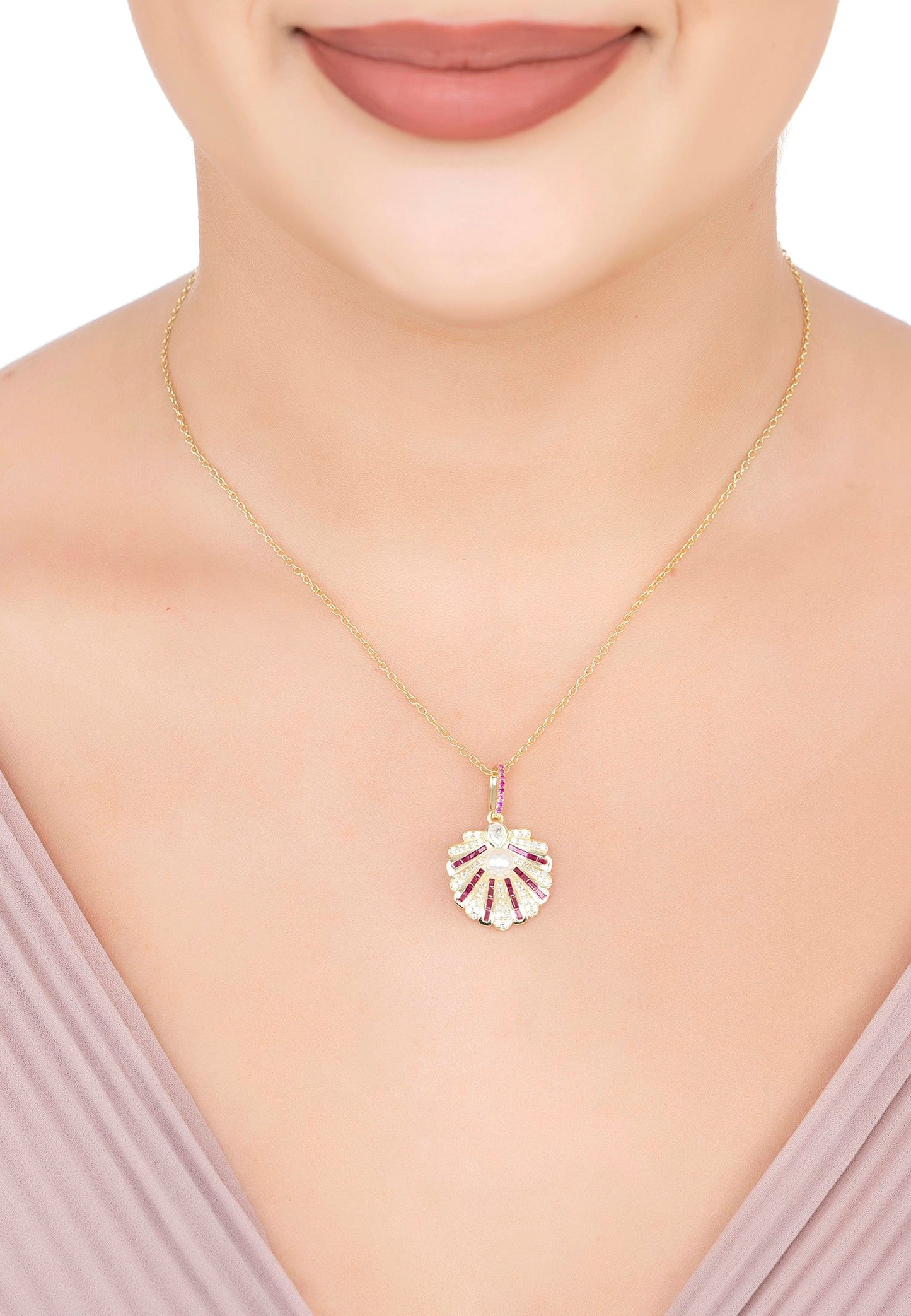 Art Deco Scallop Shell Necklace Dipped in Gold with Ruby and Pearl - Accessory101