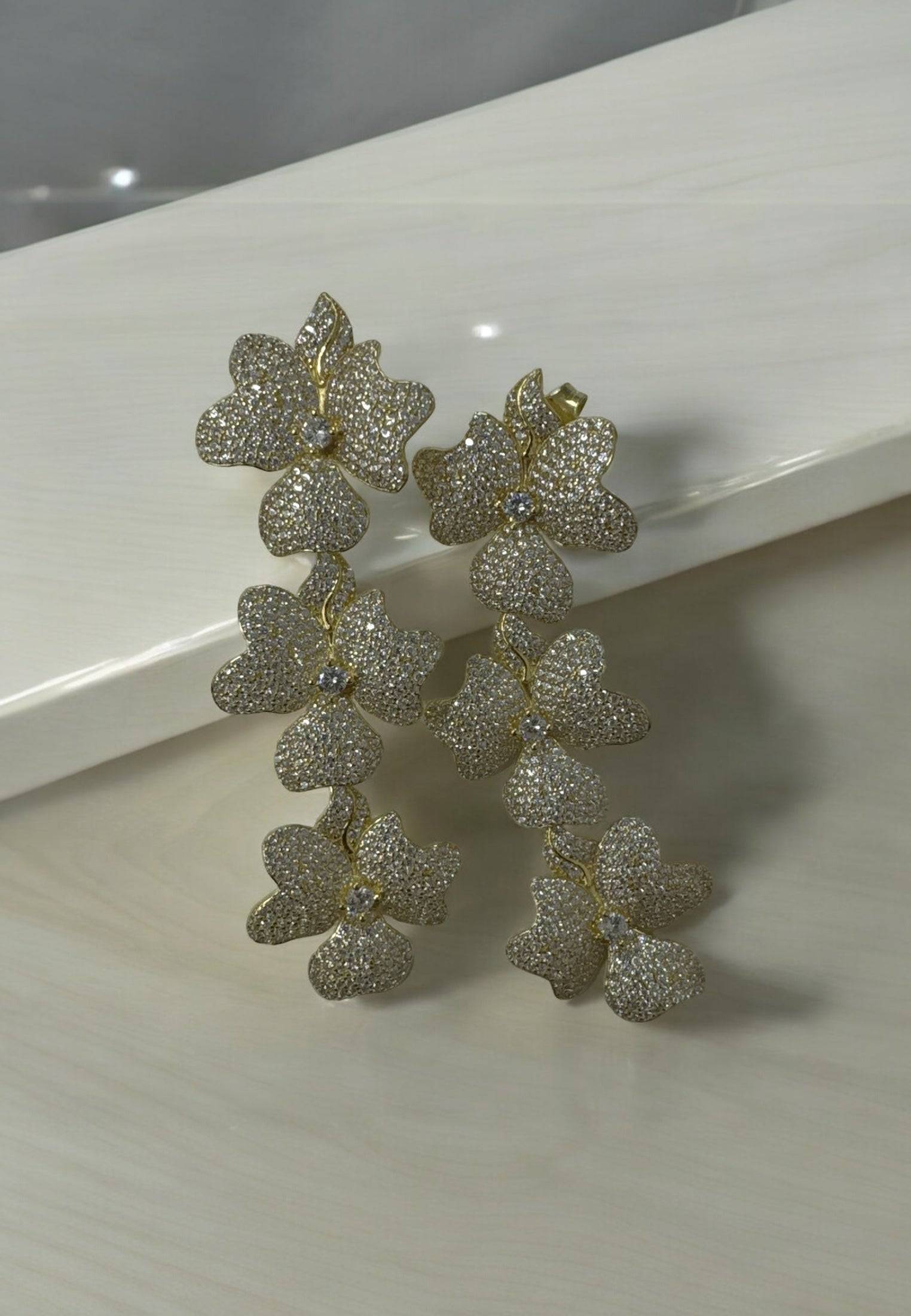 Jasmine flower triple drop earrings gold
