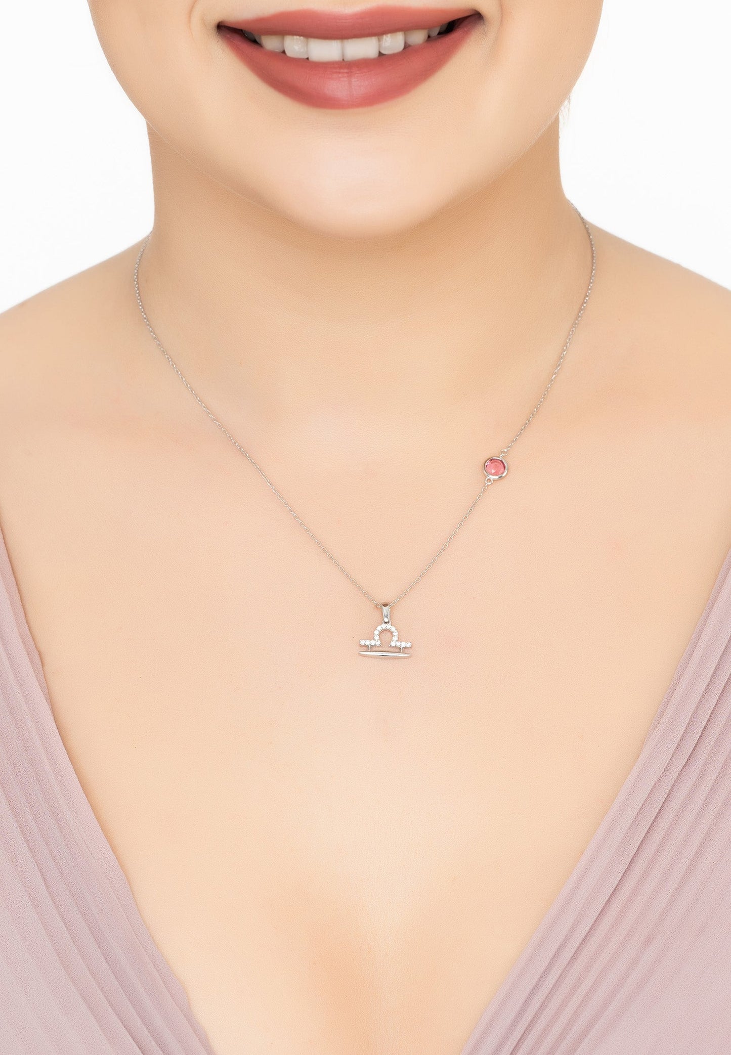 Libra Birthstone Necklace in Silver with Pink Tourmaline - Accessory101