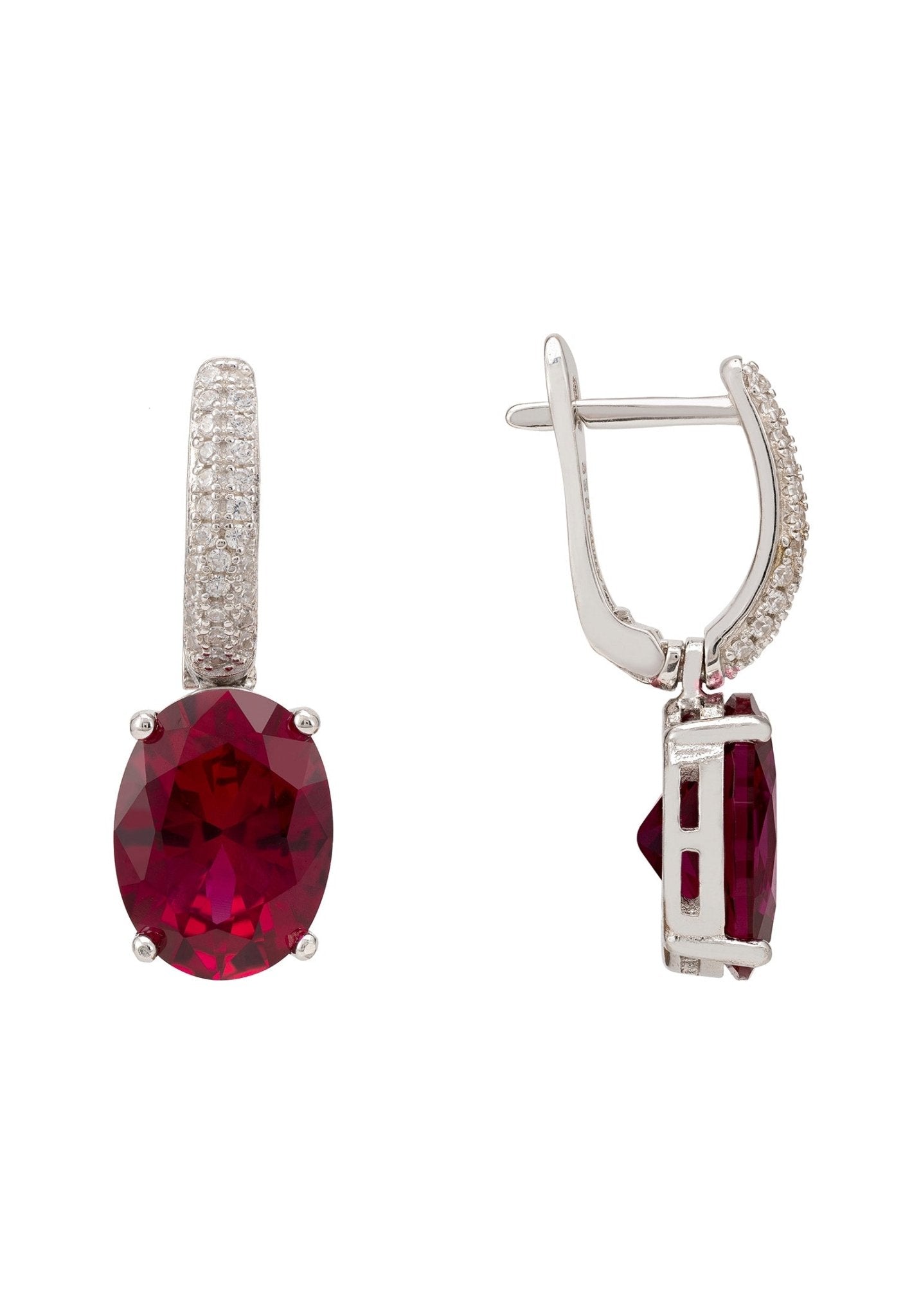 Alexandra Oval Drop Earrings in Silver with Ruby