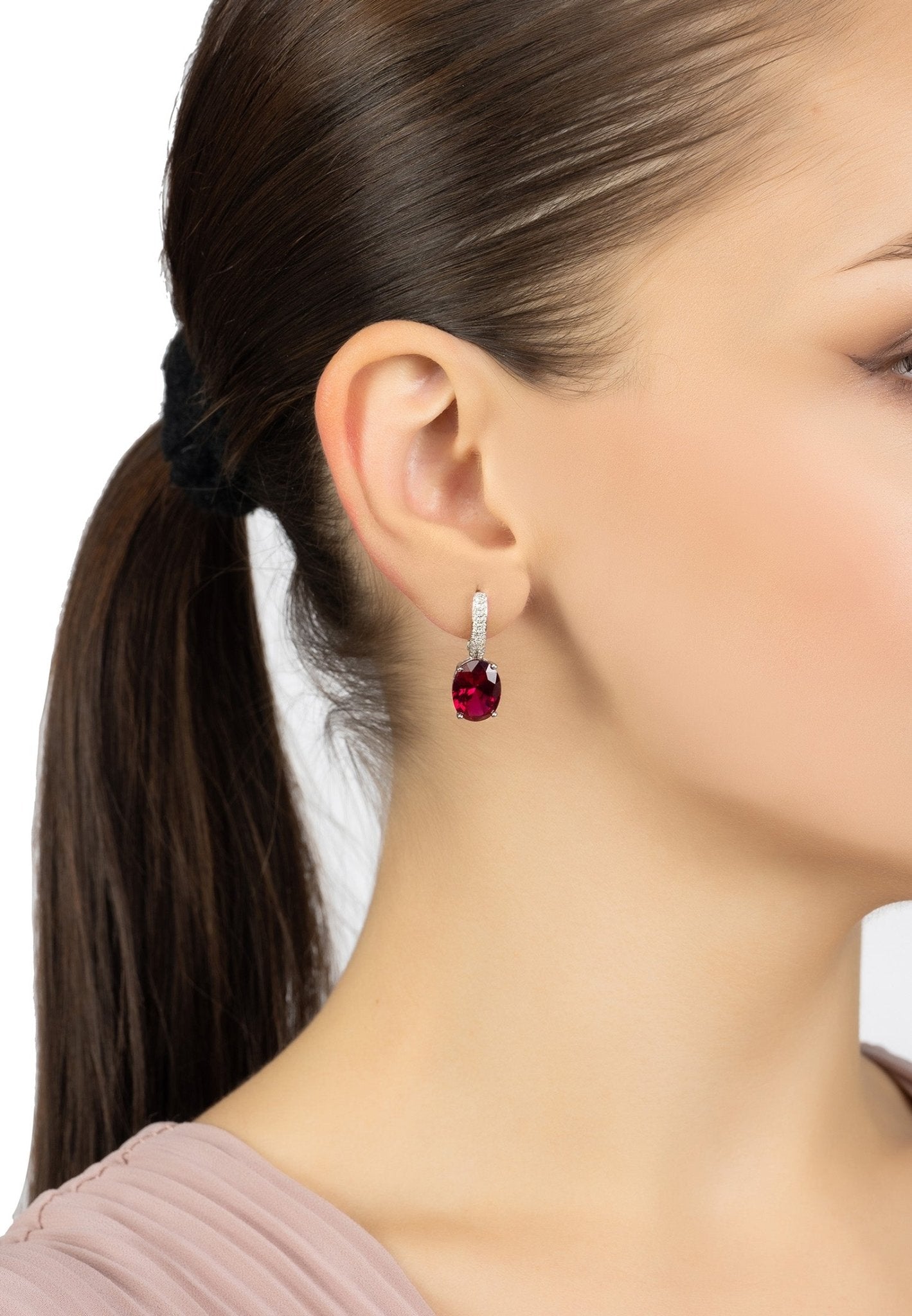 Alexandra Oval Drop Earrings in Silver with Ruby