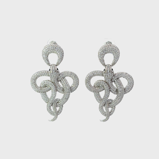 Viper snake drop earrings in silver white