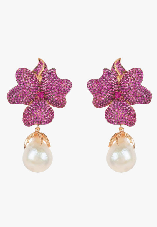 Baroque pearl ruby red flower earrings rose gold