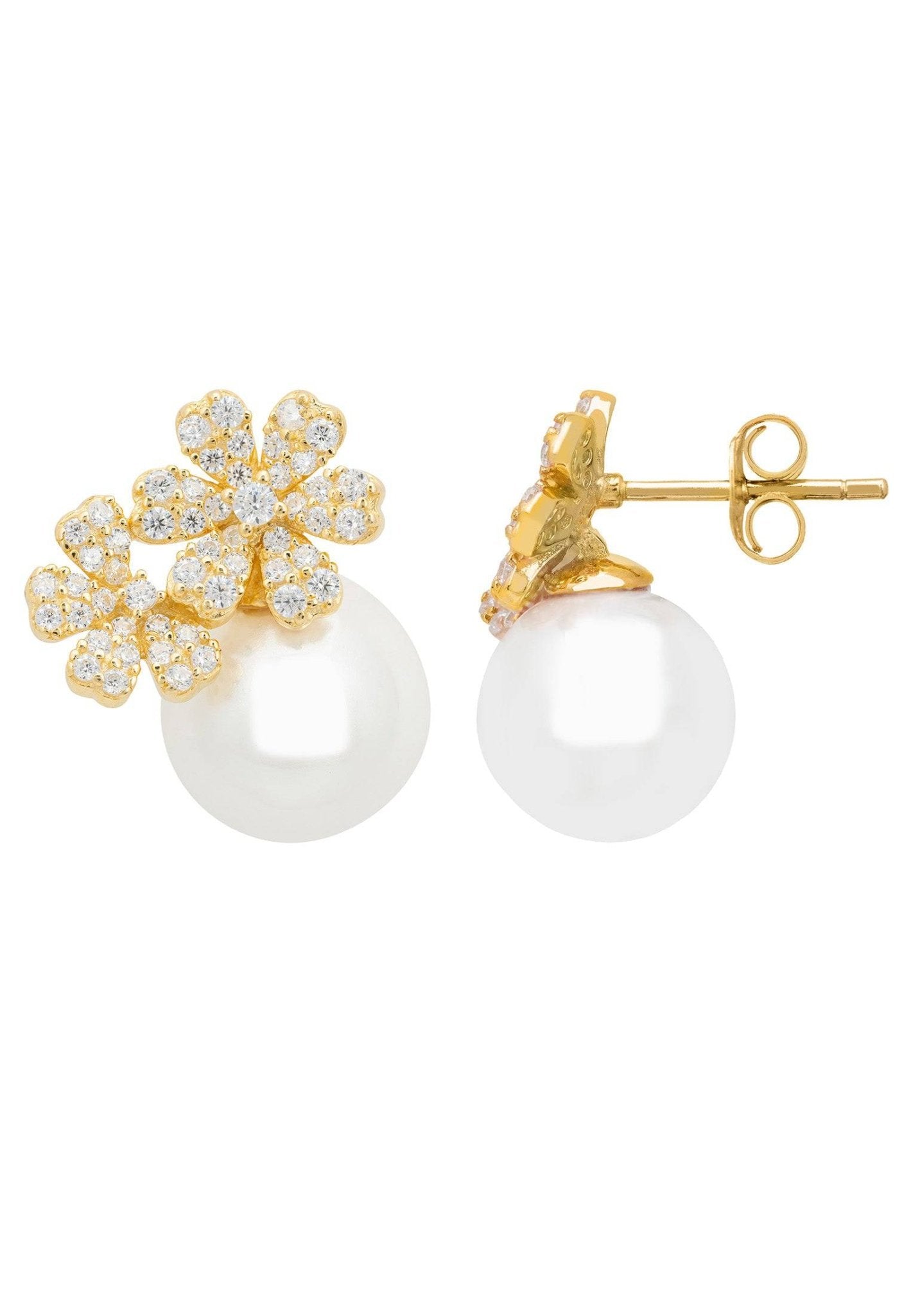 Bouquet and Pearl Stud Earrings in Gold - Accessory101