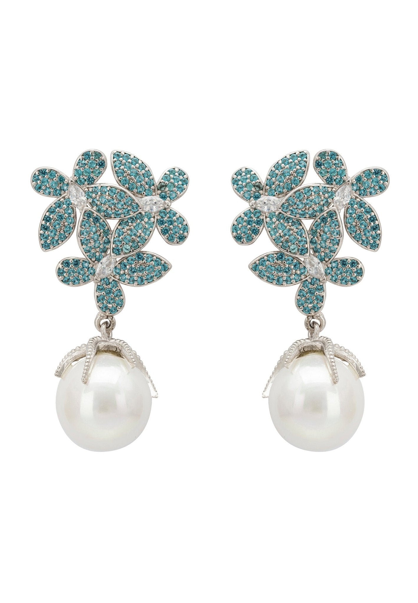Flowers Pearl Earrings in Aqua Blue Silver - Accessory101