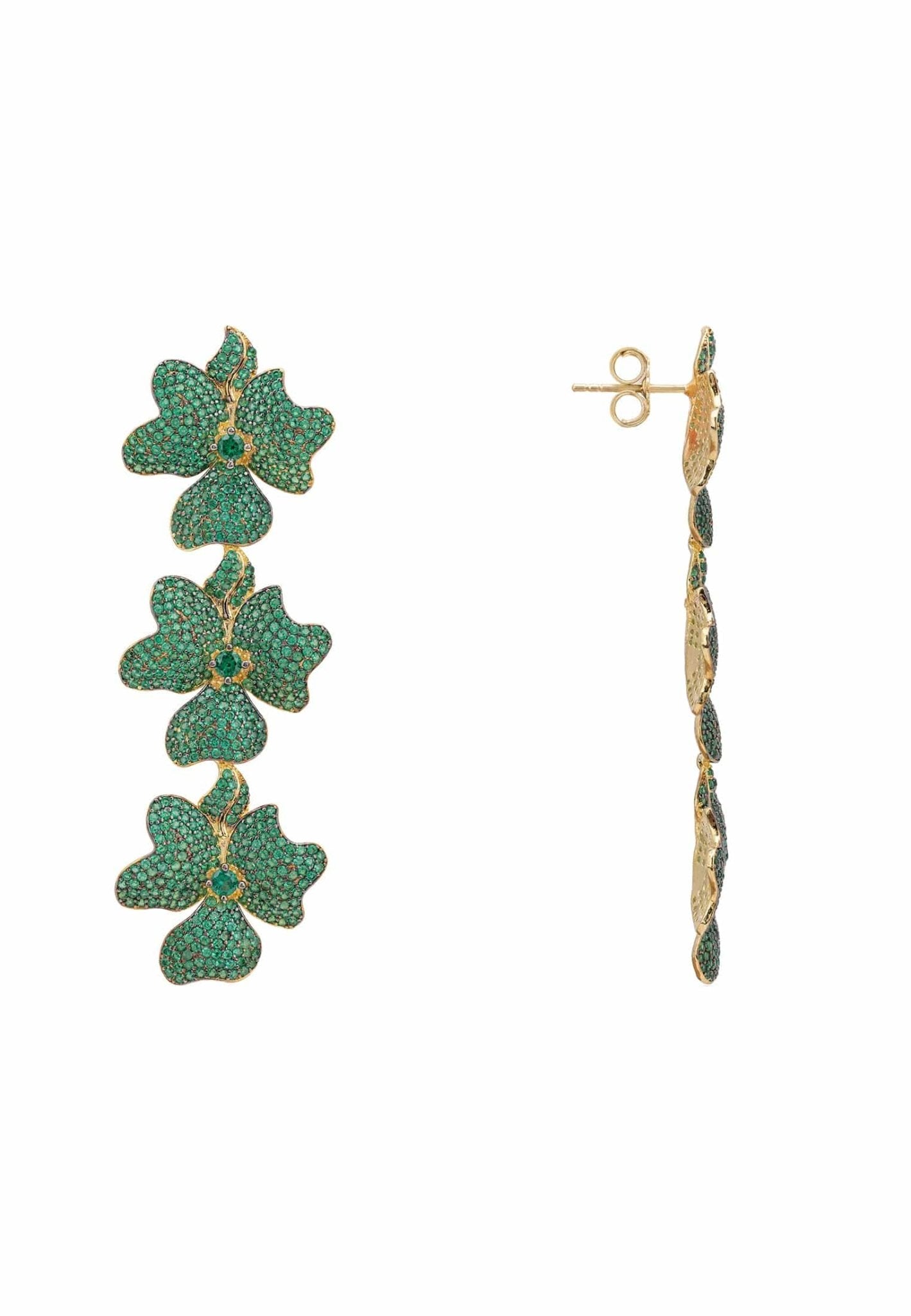 Jasmine flower triple drop earrings gold emerald green