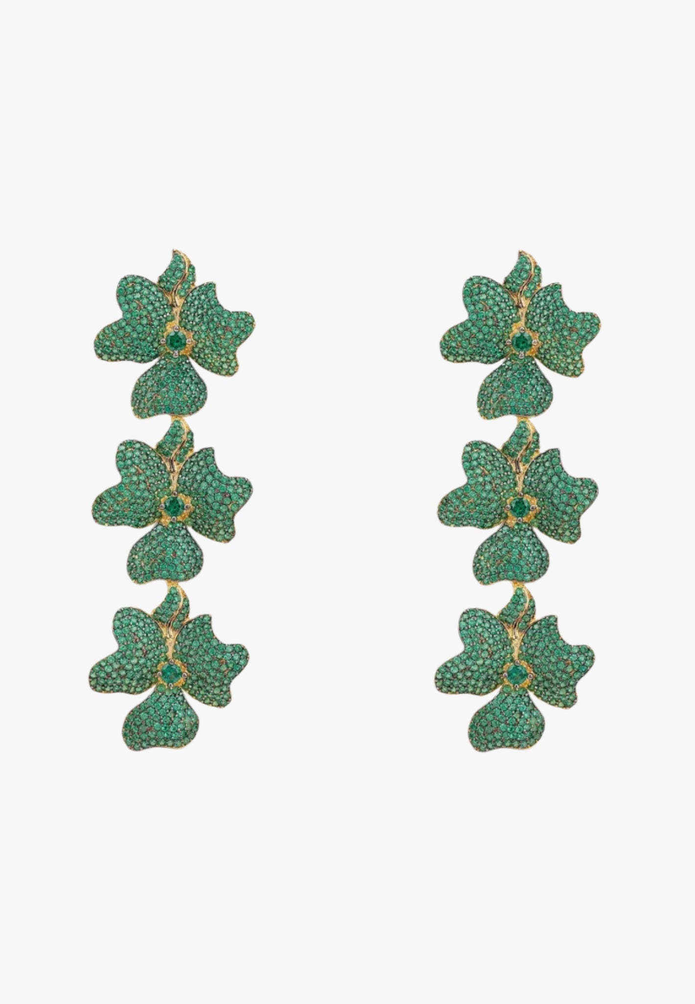 Jasmine flower triple drop earrings gold emerald green