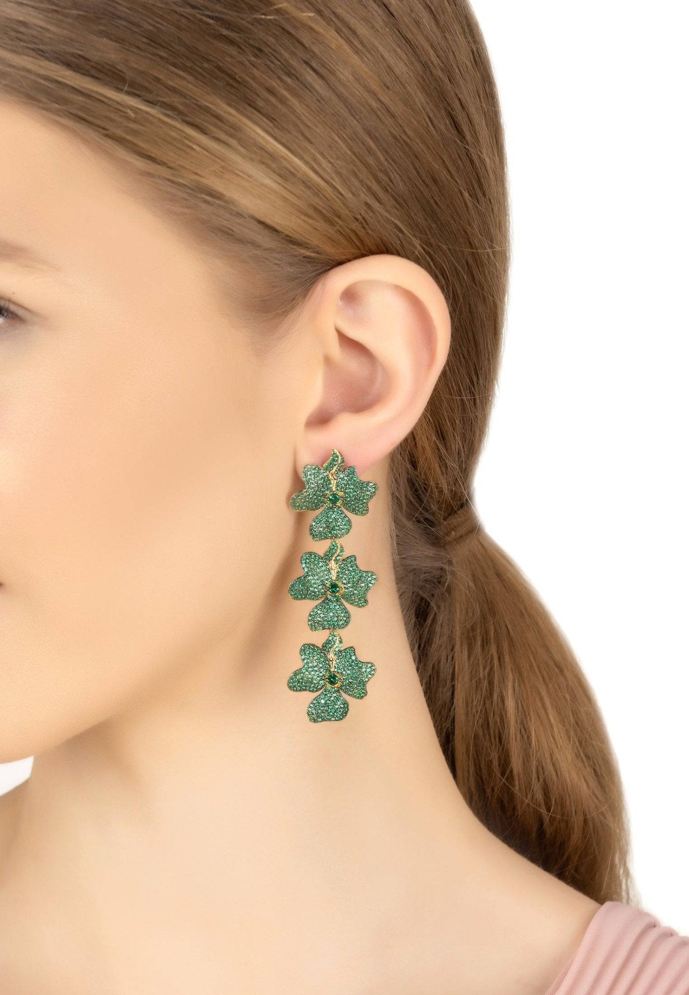 Jasmine flower triple drop earrings gold emerald green