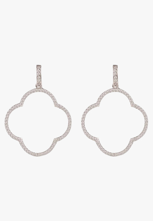Open clover large drop earrings white cz silver