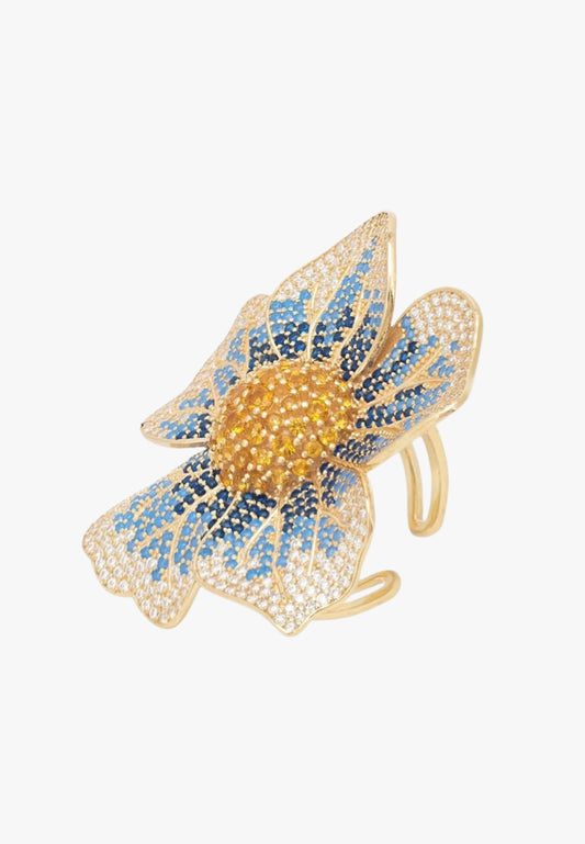 Pansy flower blue ring in gold