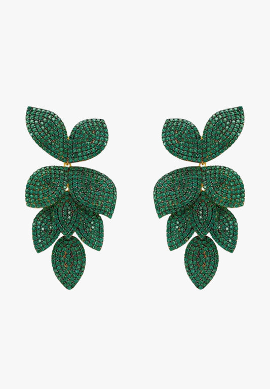 Petal cascading flower earrings gold emerald