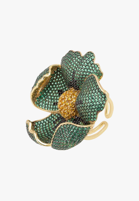 Poppy flower green ring gold
