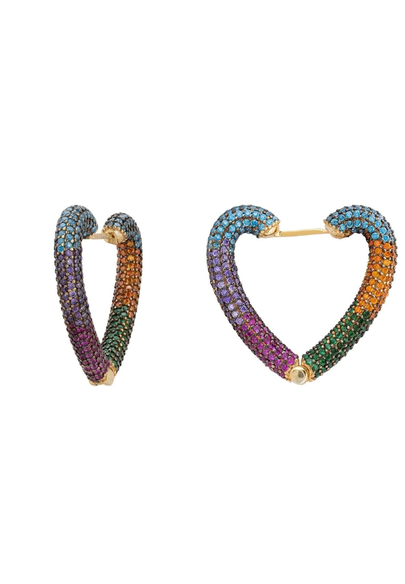 Rainbow Heart Huggie Earrings in Gold and Multicolor Zirconia