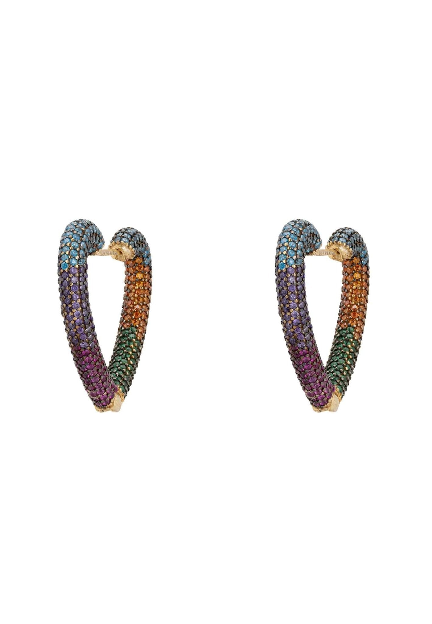 Rainbow Heart Huggie Earrings in Gold and Multicolor Zirconia